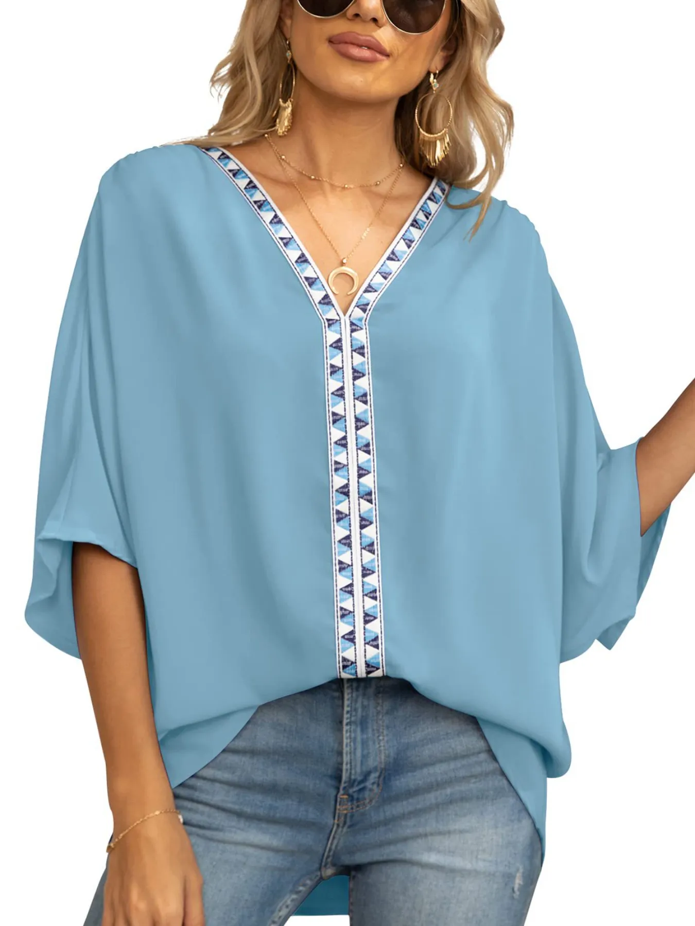 Printed Trim V-Neck Batwing Sleeve Blouse - Image 9