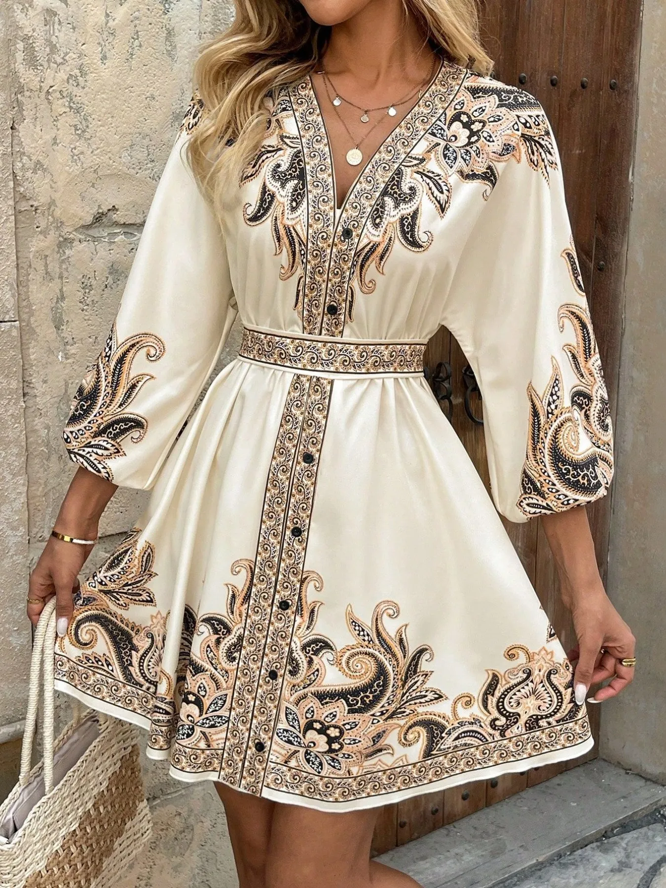 Printed V-Neck Balloon Sleeve Mini Dress - Image 16