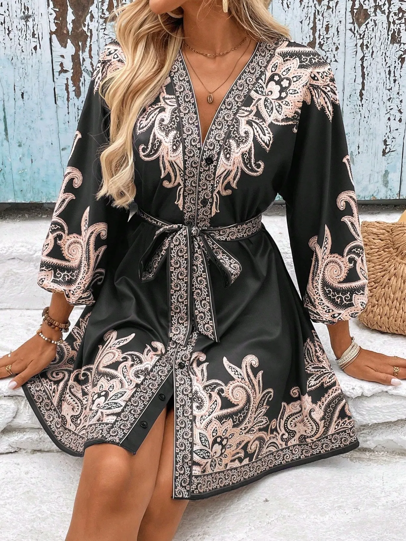 Printed V-Neck Balloon Sleeve Mini Dress - Image 8