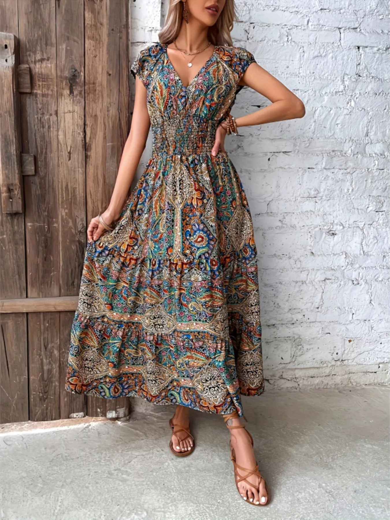 Printed V-Neck Cap Sleeve Dress - Image 2