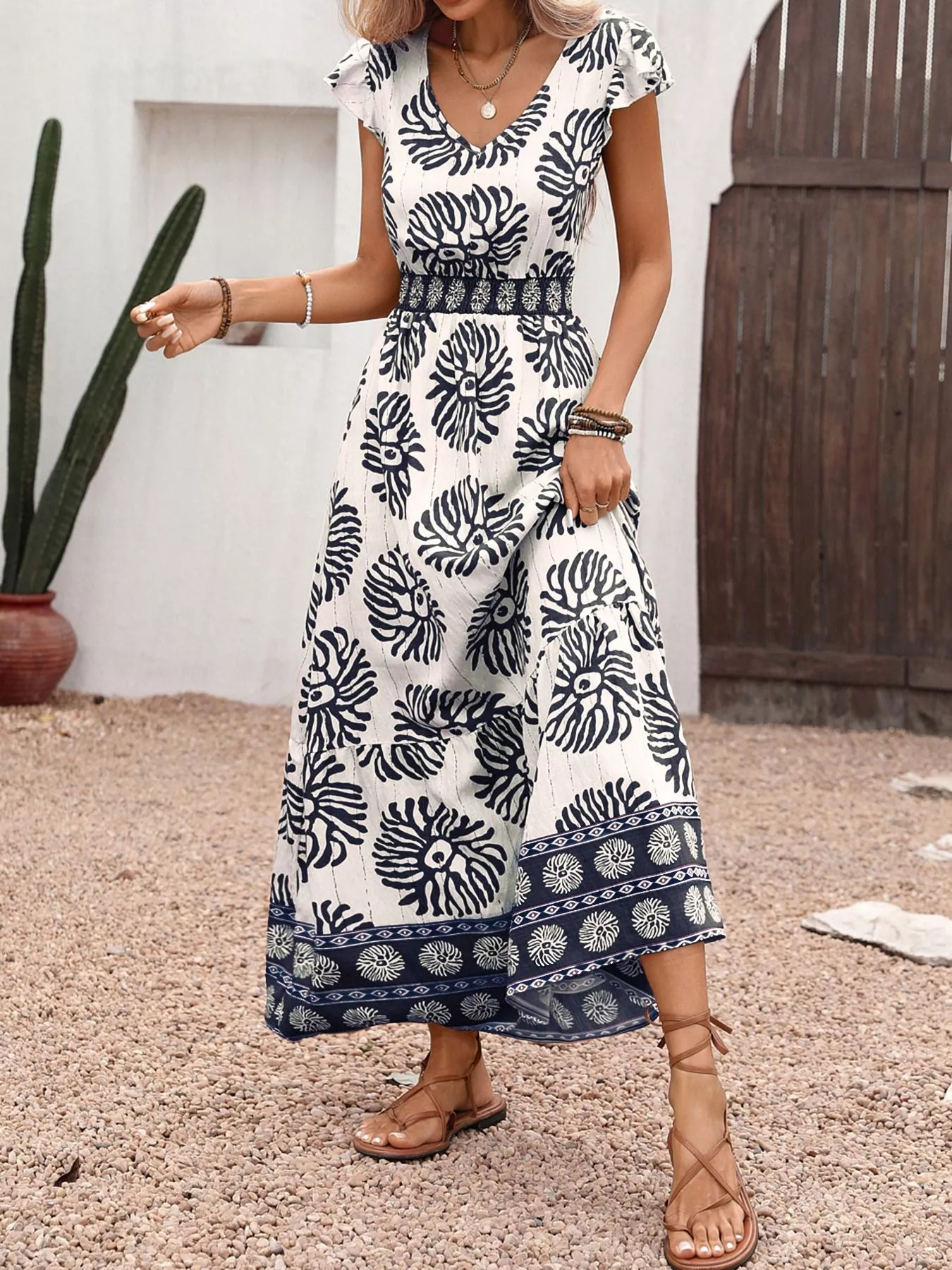 Printed V-Neck Cap Sleeve Maxi Dress - Image 7