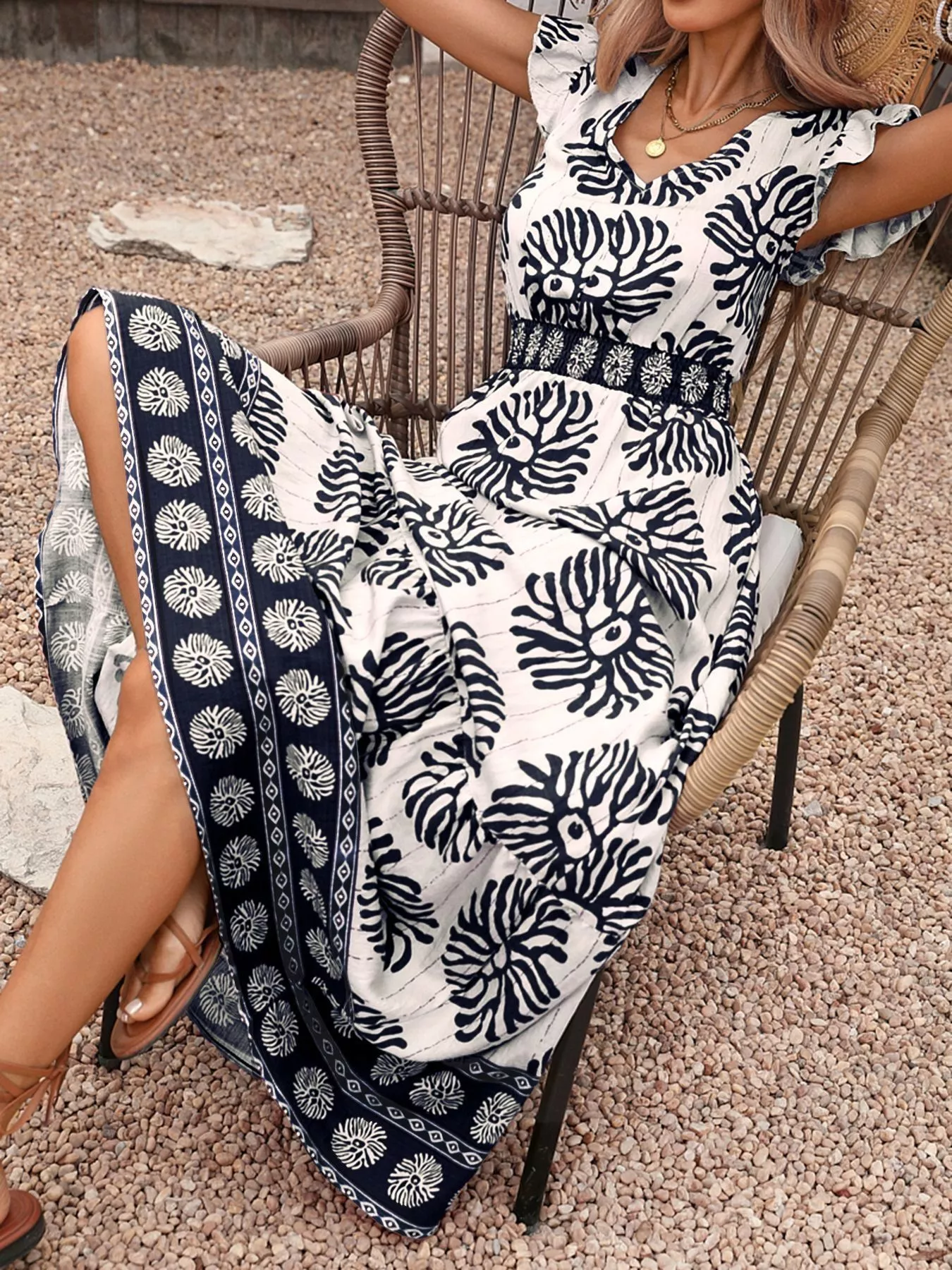 Printed V-Neck Cap Sleeve Maxi Dress - Image 8