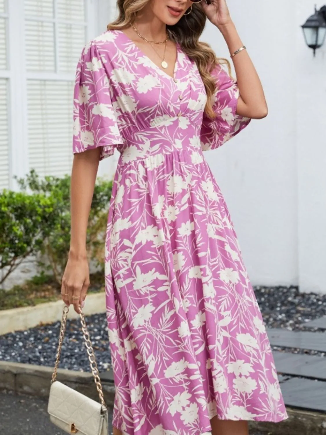 Printed V-Neck Flutter Sleeve Dress - Image 5