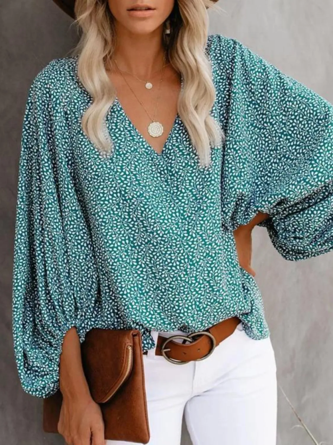 Printed V-Neck Long Sleeve Blouse - Image 9