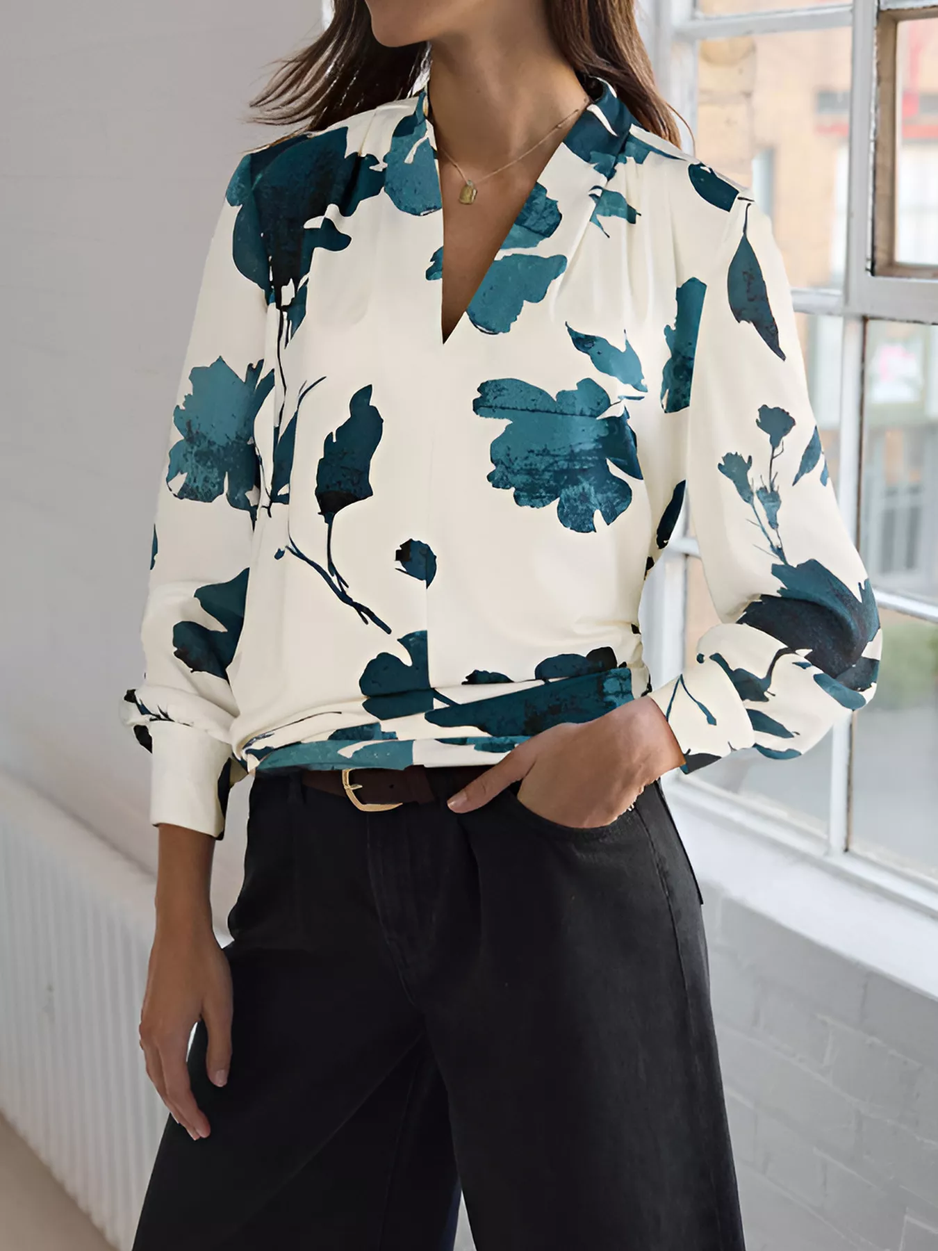 Printed V-Neck Long Sleeve Blouse - Image 2