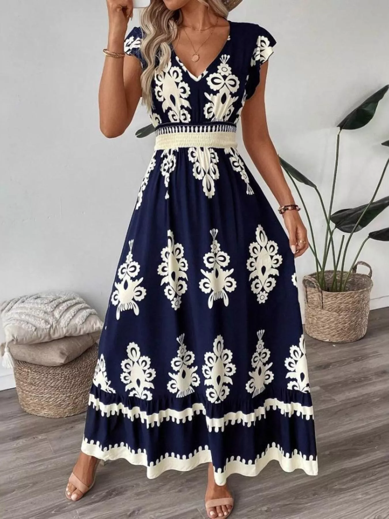 Printed V-Neck Ruffled Cap Sleeve Dress - Image 15