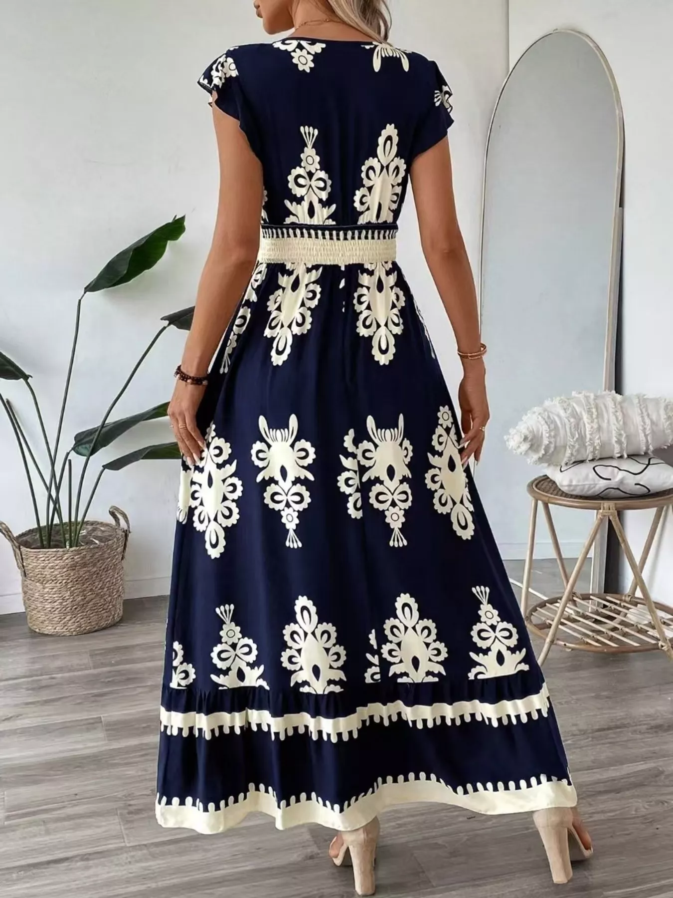 Printed V-Neck Ruffled Cap Sleeve Dress - Image 16