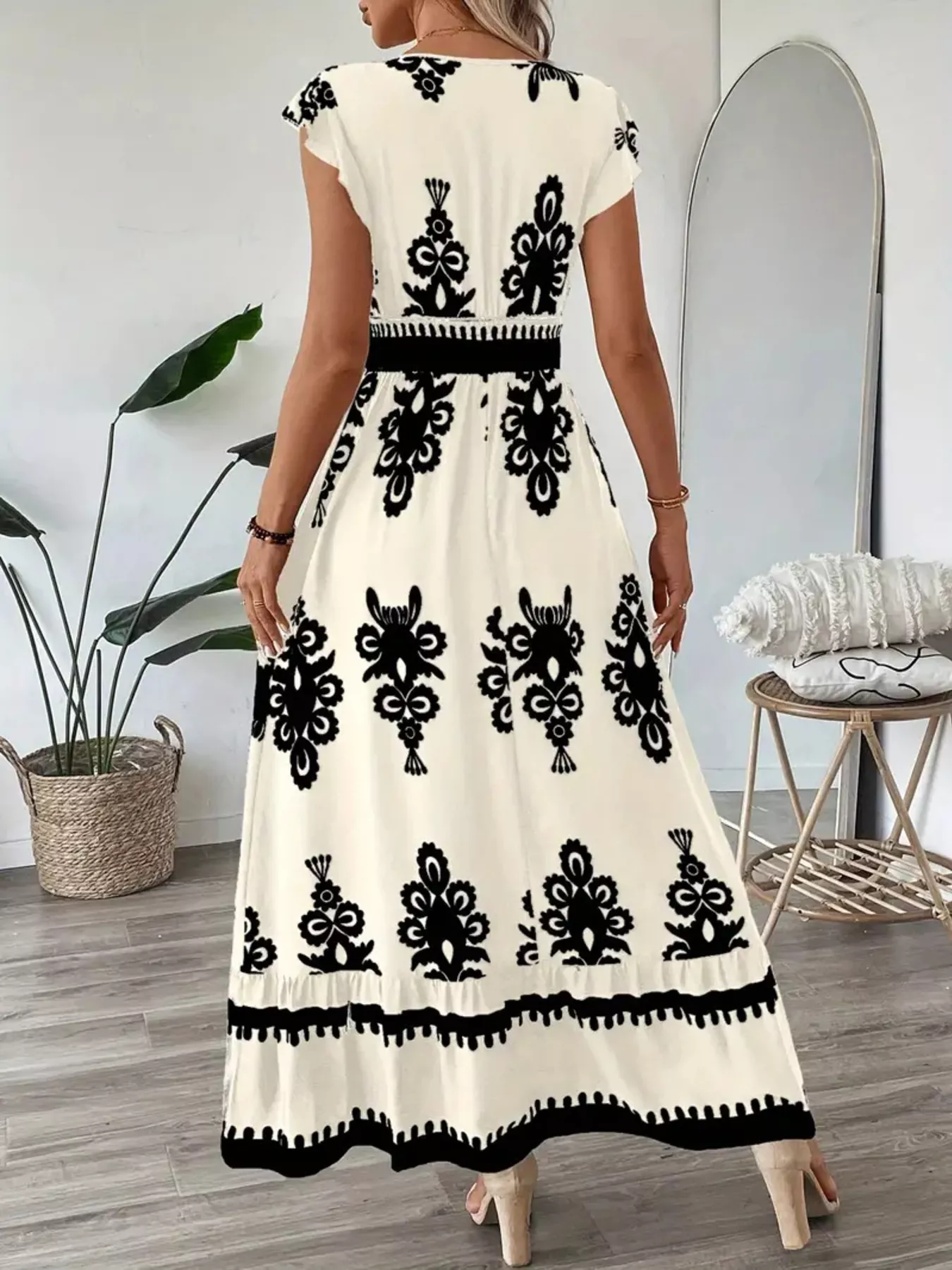 Printed V-Neck Ruffled Cap Sleeve Dress - Image 6