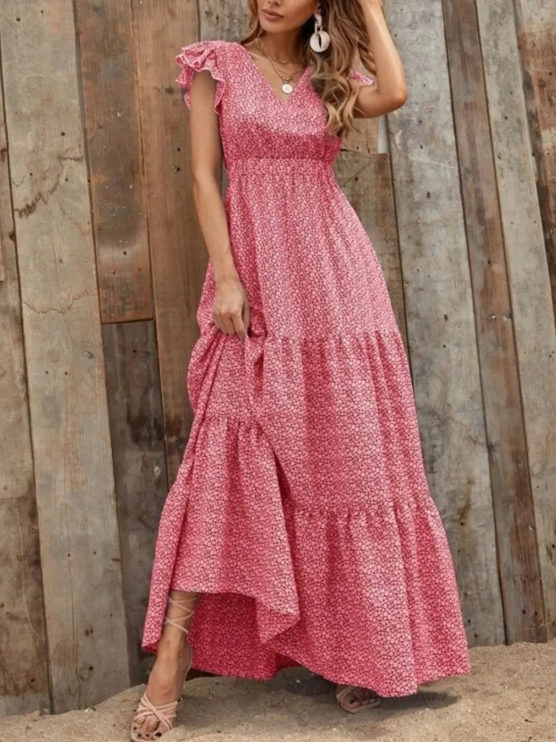 Printed V-Neck Ruffled Cap Sleeve Maxi Dress - Image 13