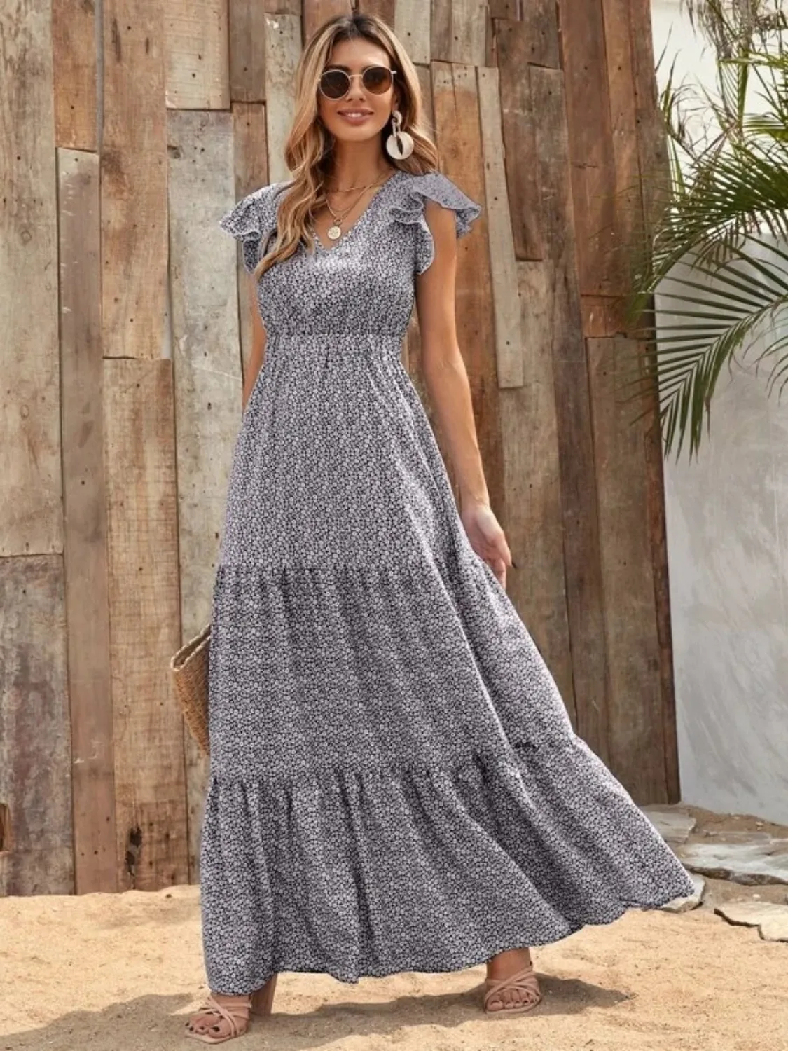 Printed V-Neck Ruffled Cap Sleeve Maxi Dress - Image 8
