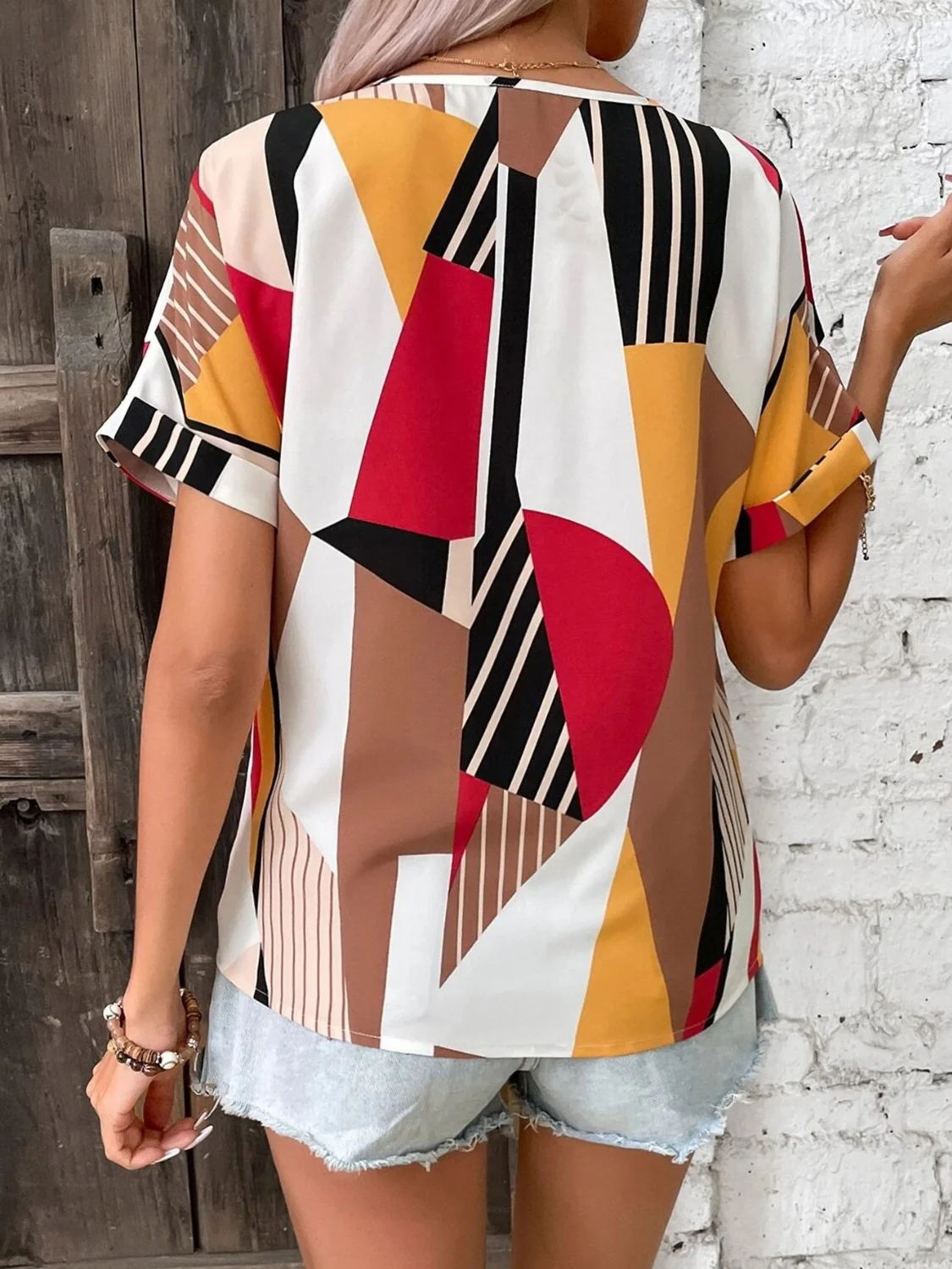 Printed V-Neck Short Sleeve Blouse - Image 2