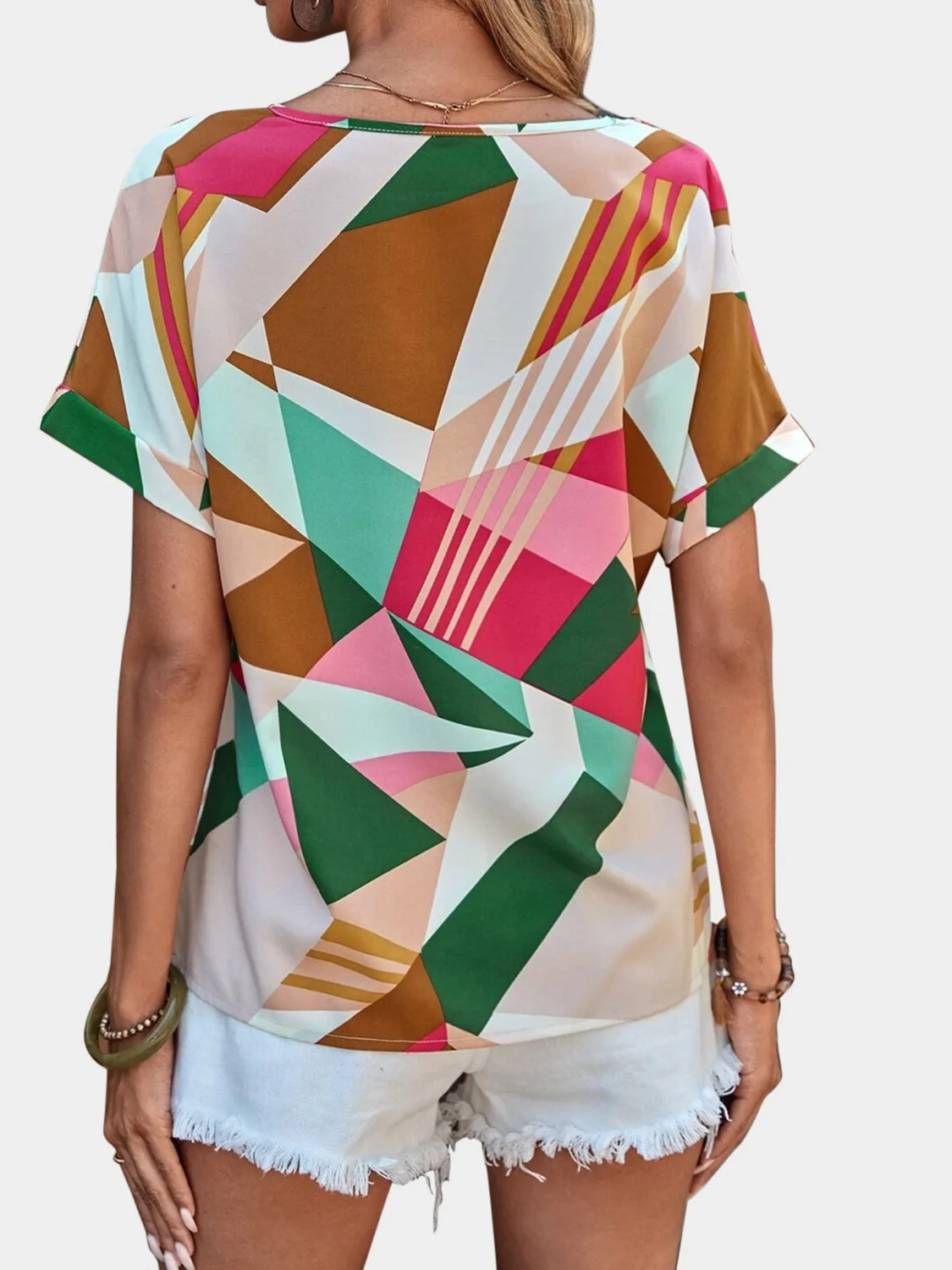 Printed V-Neck Short Sleeve Blouse - Image 20