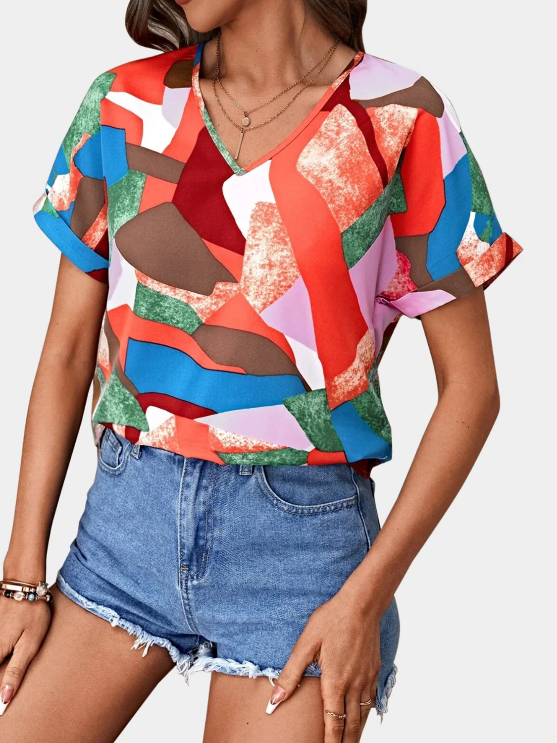 Printed V-Neck Short Sleeve Blouse - Image 21