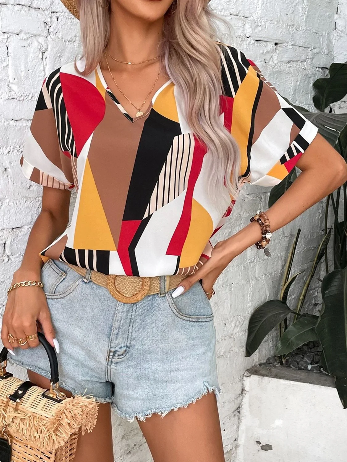Printed V-Neck Short Sleeve Blouse - Image 3