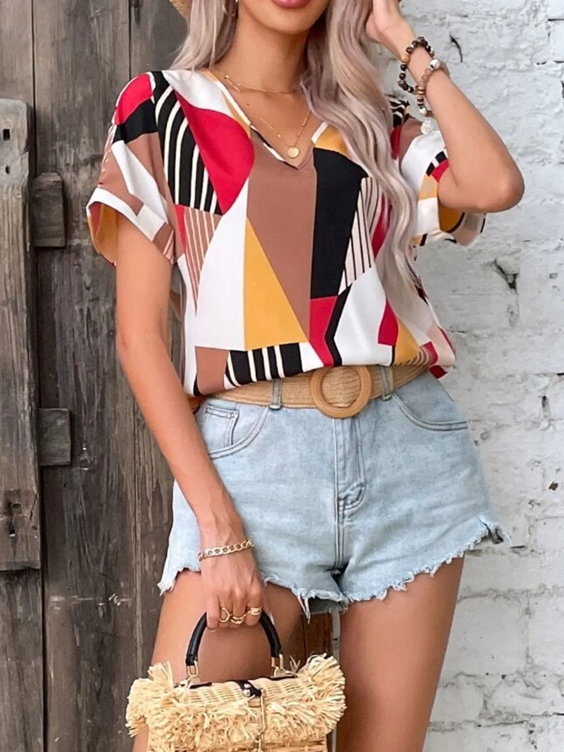Printed V-Neck Short Sleeve Blouse - Image 4