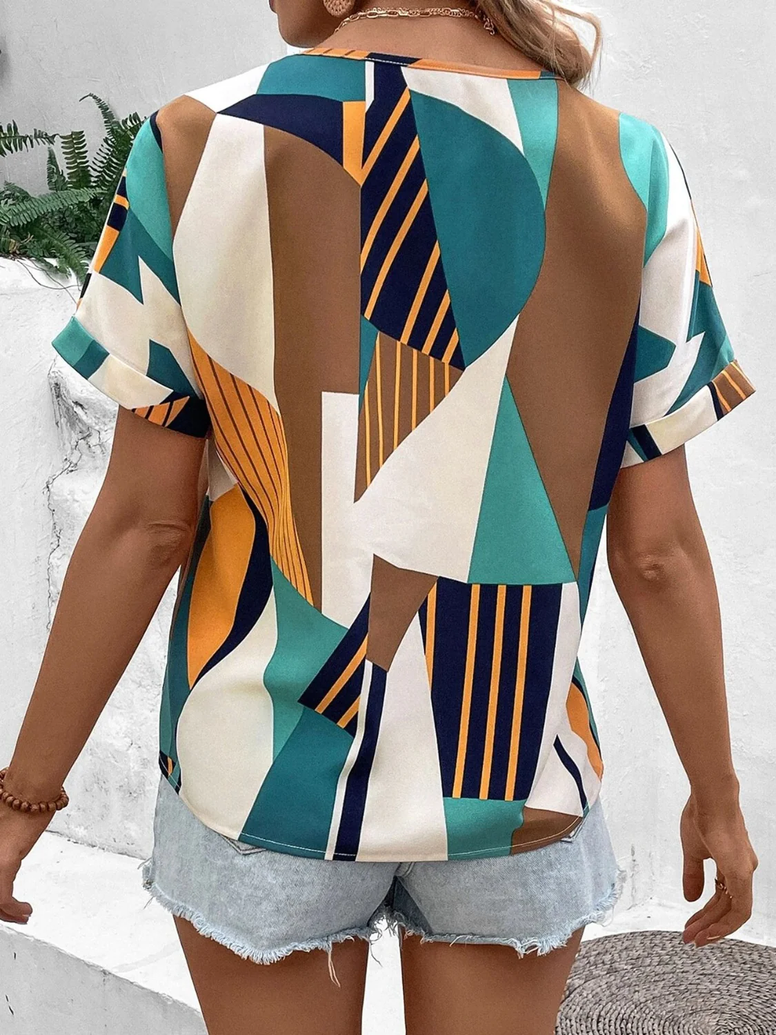 Printed V-Neck Short Sleeve Blouse - Image 7