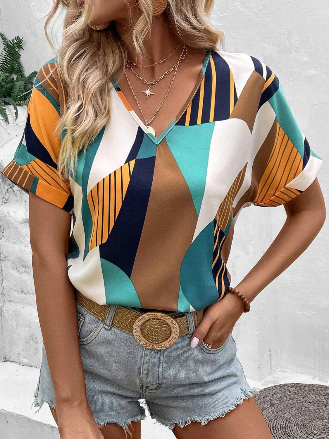 Printed V-Neck Short Sleeve Blouse - Image 8