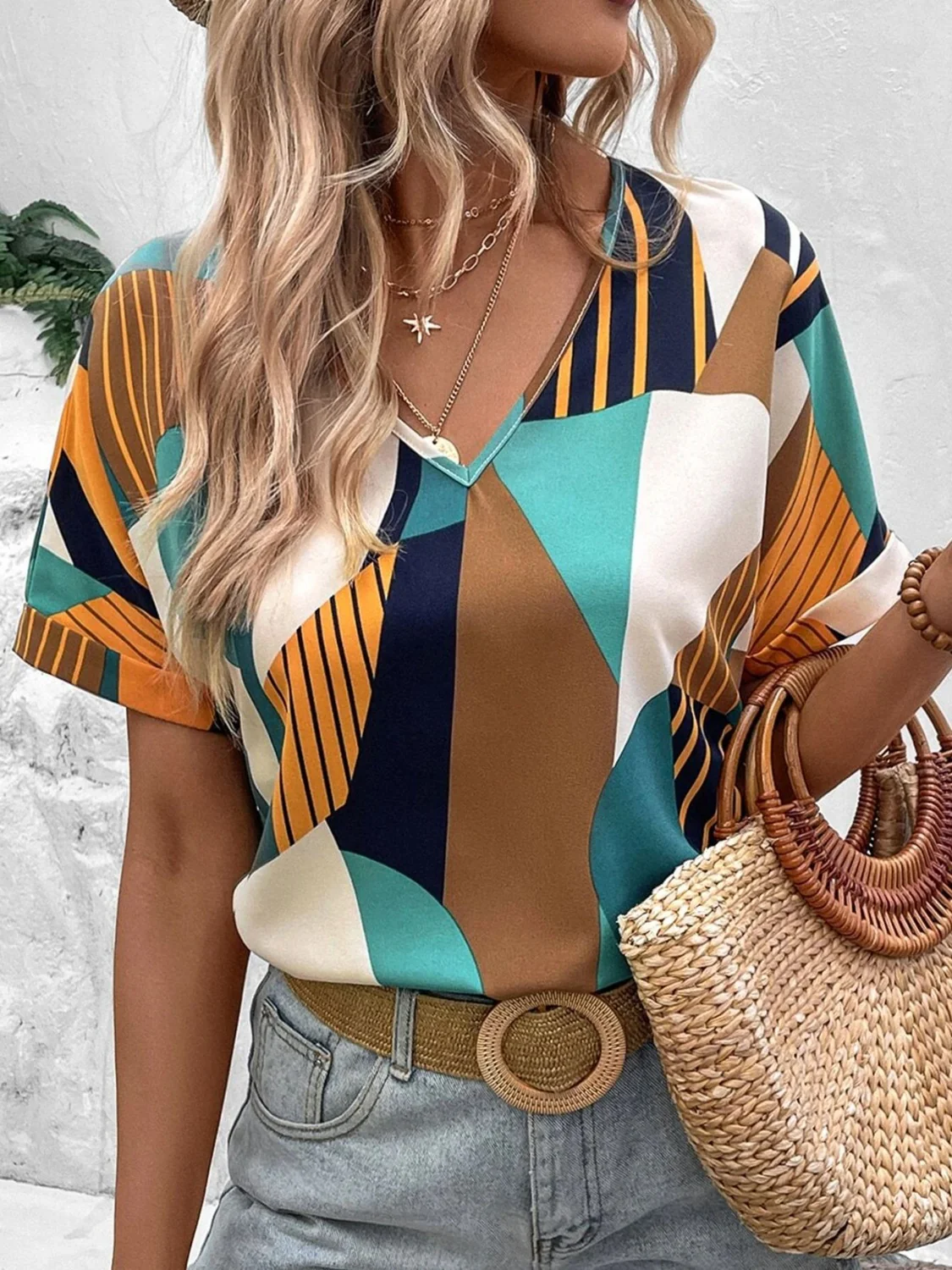 Printed V-Neck Short Sleeve Blouse - Image 9