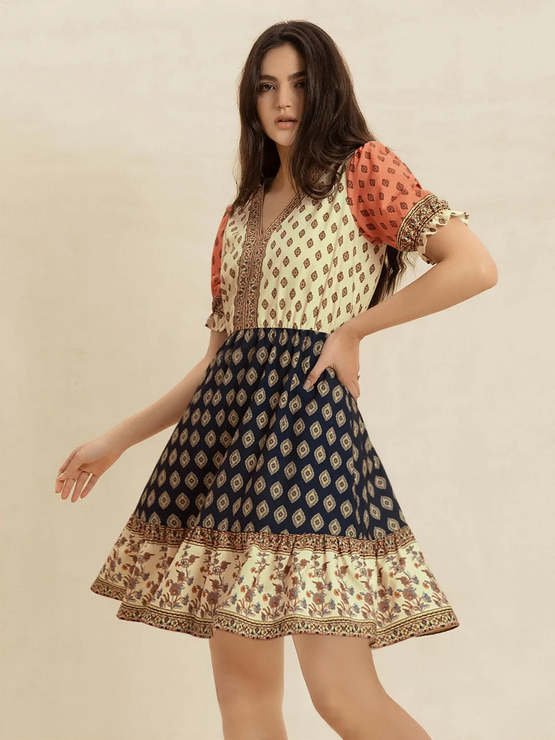 Printed V-Neck Short Sleeve Dress - Image 4