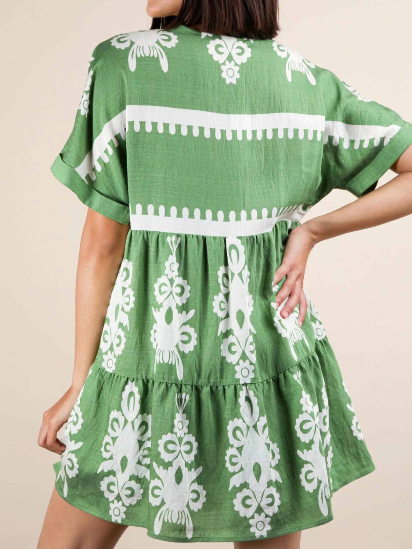Printed V-Neck Short Sleeve Mini Dress - Image 14