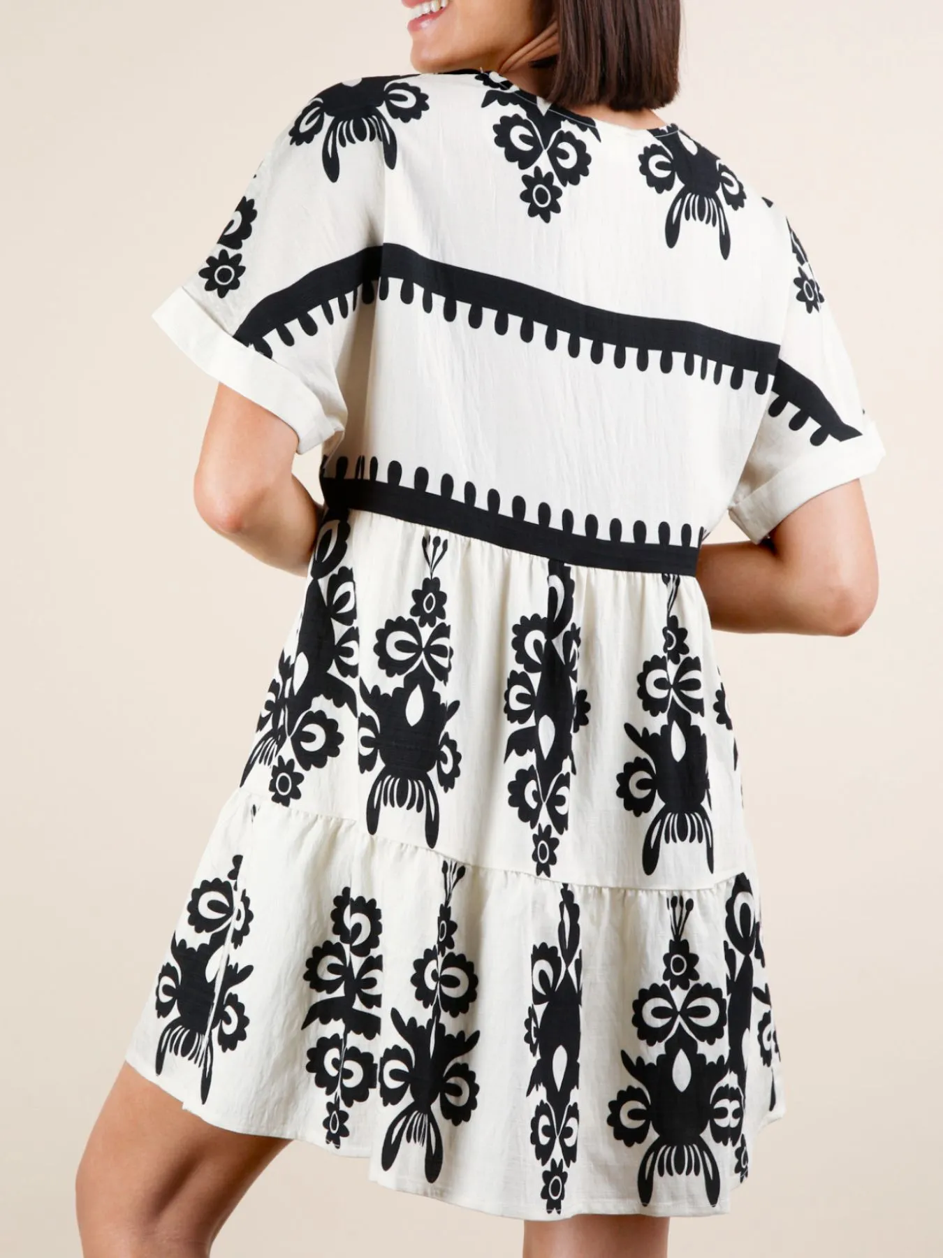 Printed V-Neck Short Sleeve Mini Dress - Image 5