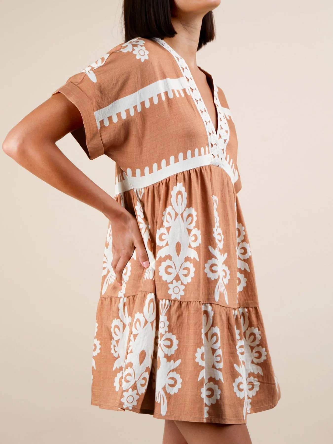 Printed V-Neck Short Sleeve Mini Dress - Image 9