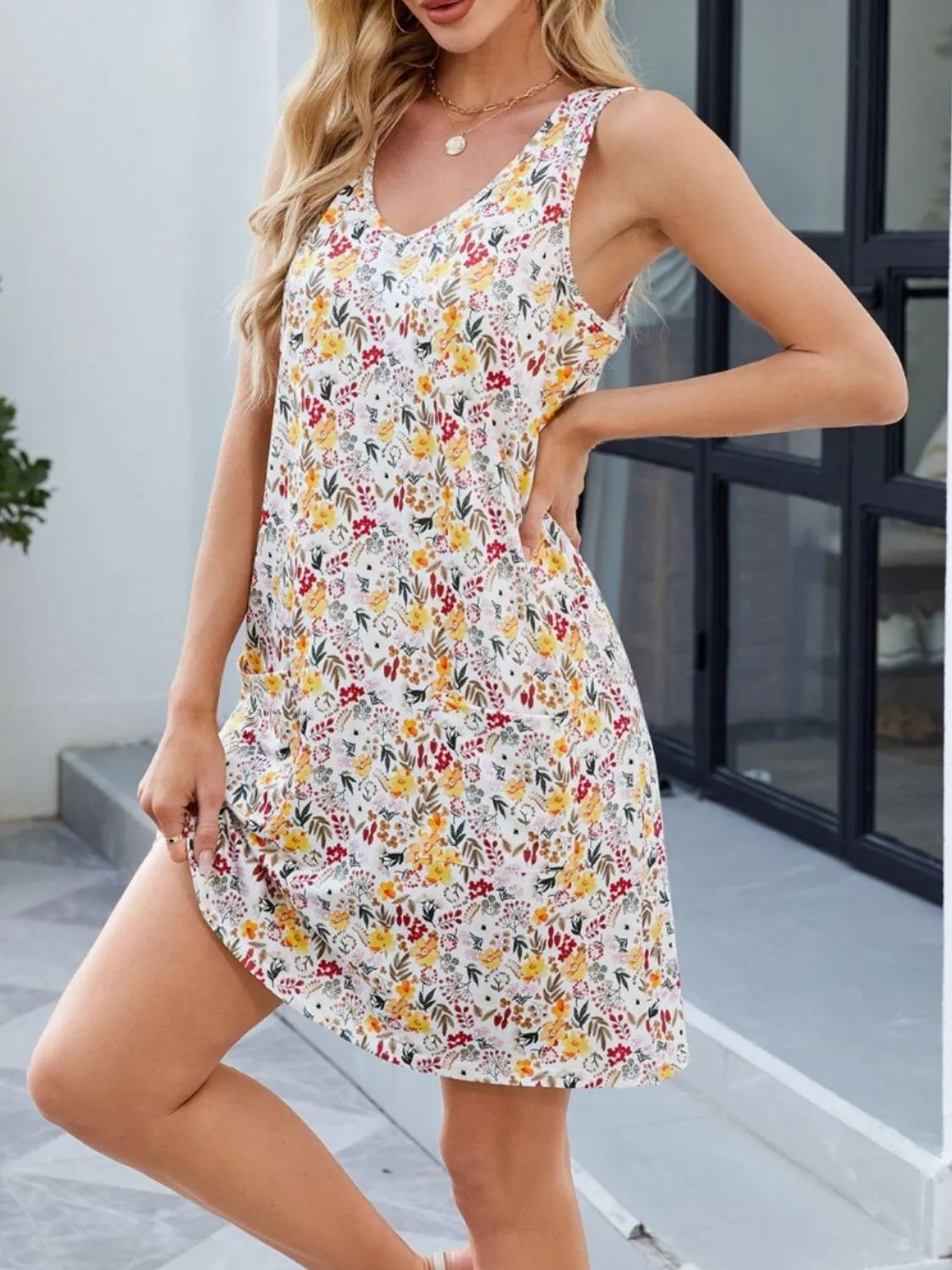 Printed V-Neck Sleeveless Mini Dress with Pockets - Image 21