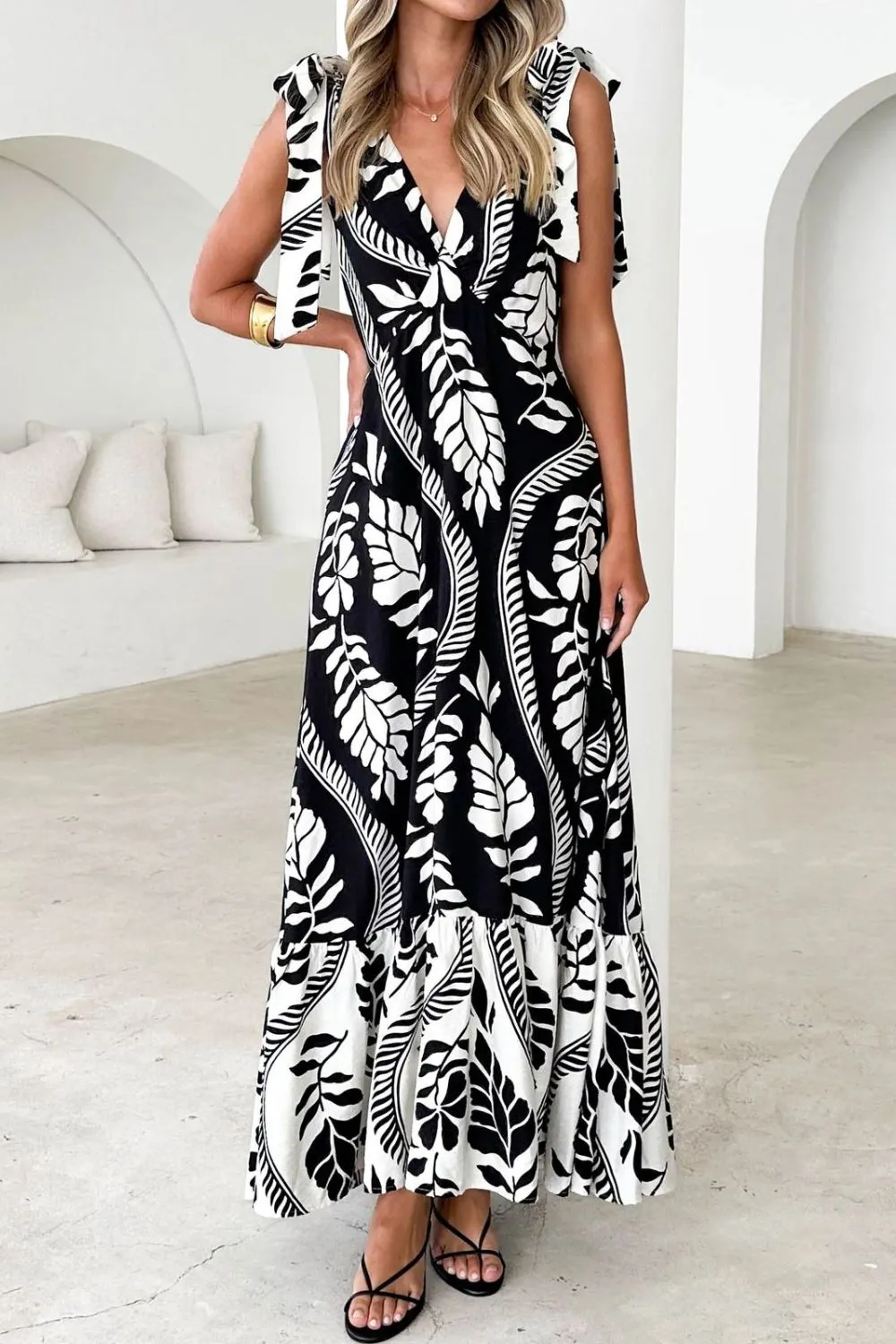 Printed V-Neck Tie Shoulder Midi Cami Dress - Image 11
