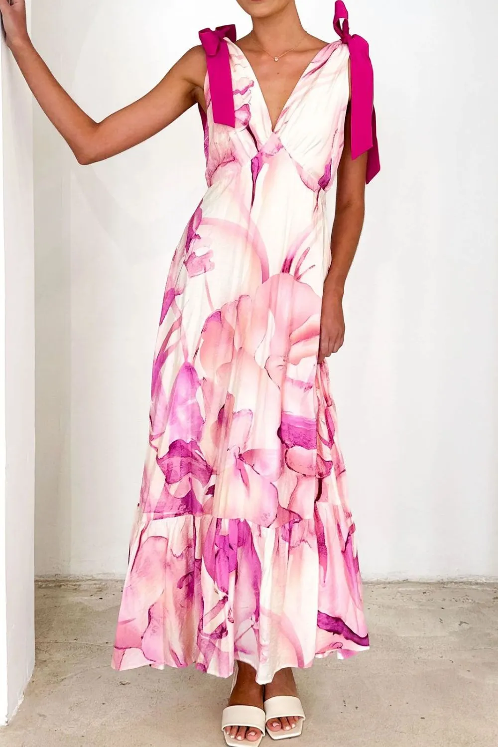 Printed V-Neck Tie Shoulder Midi Cami Dress - Image 14