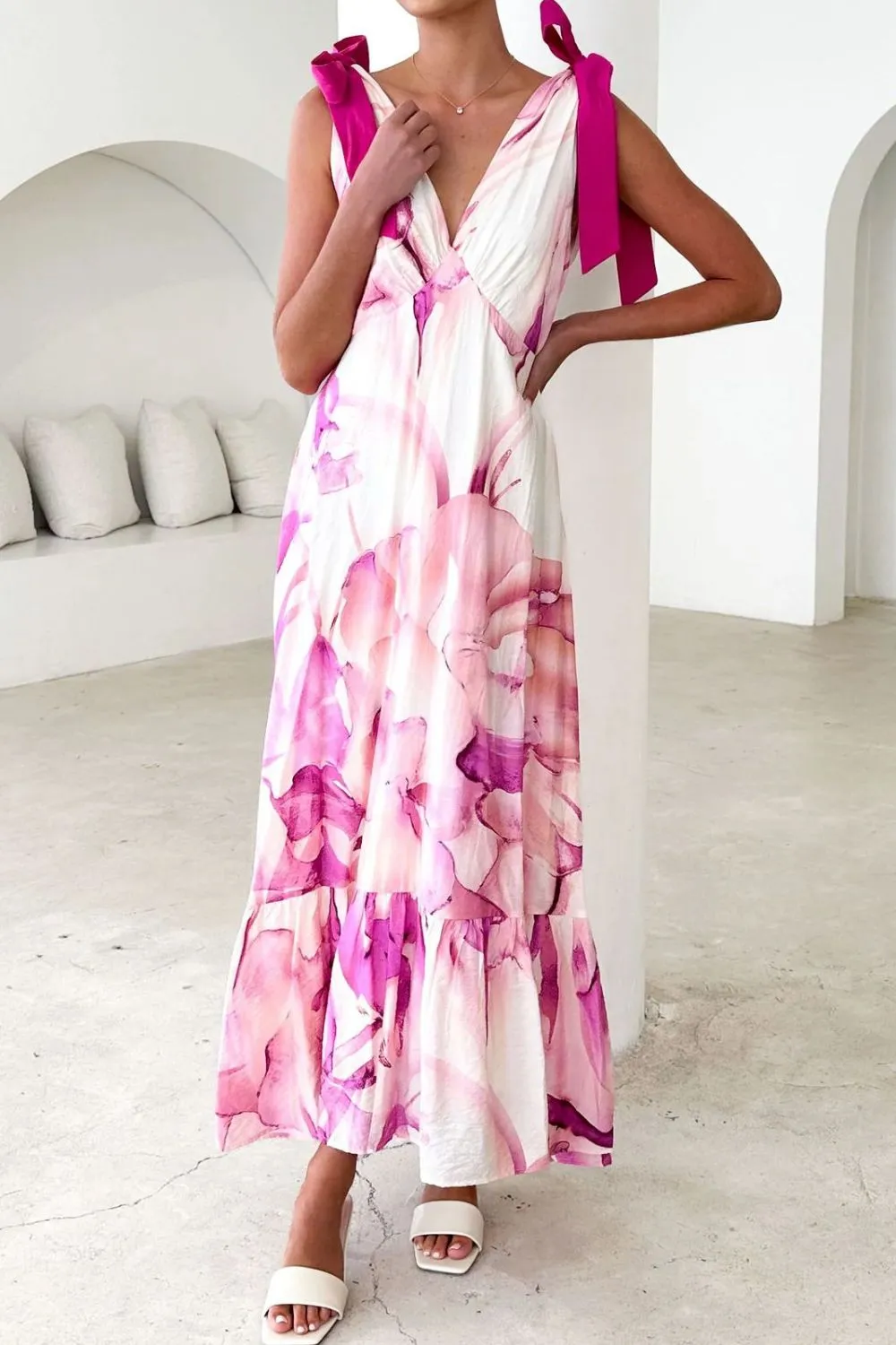 Printed V-Neck Tie Shoulder Midi Cami Dress - Image 18