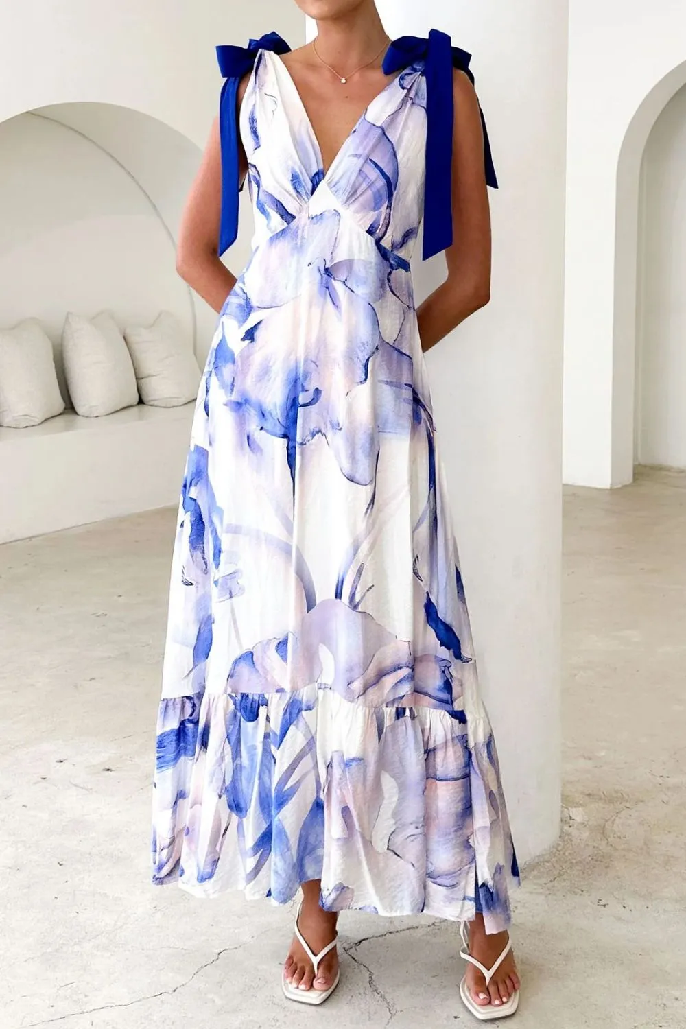 Printed V-Neck Tie Shoulder Midi Cami Dress - Image 23