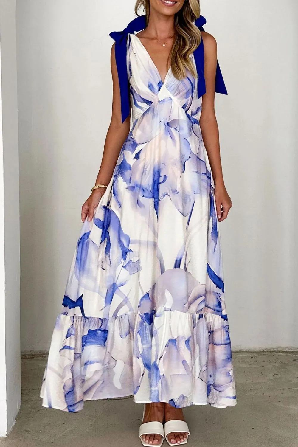 Printed V-Neck Tie Shoulder Midi Cami Dress - Image 24