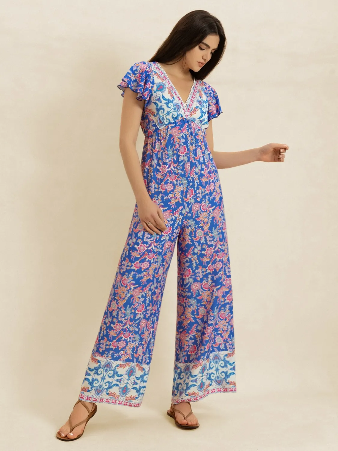 Printed V-Neck Wide Leg Jumpsuit - Image 5