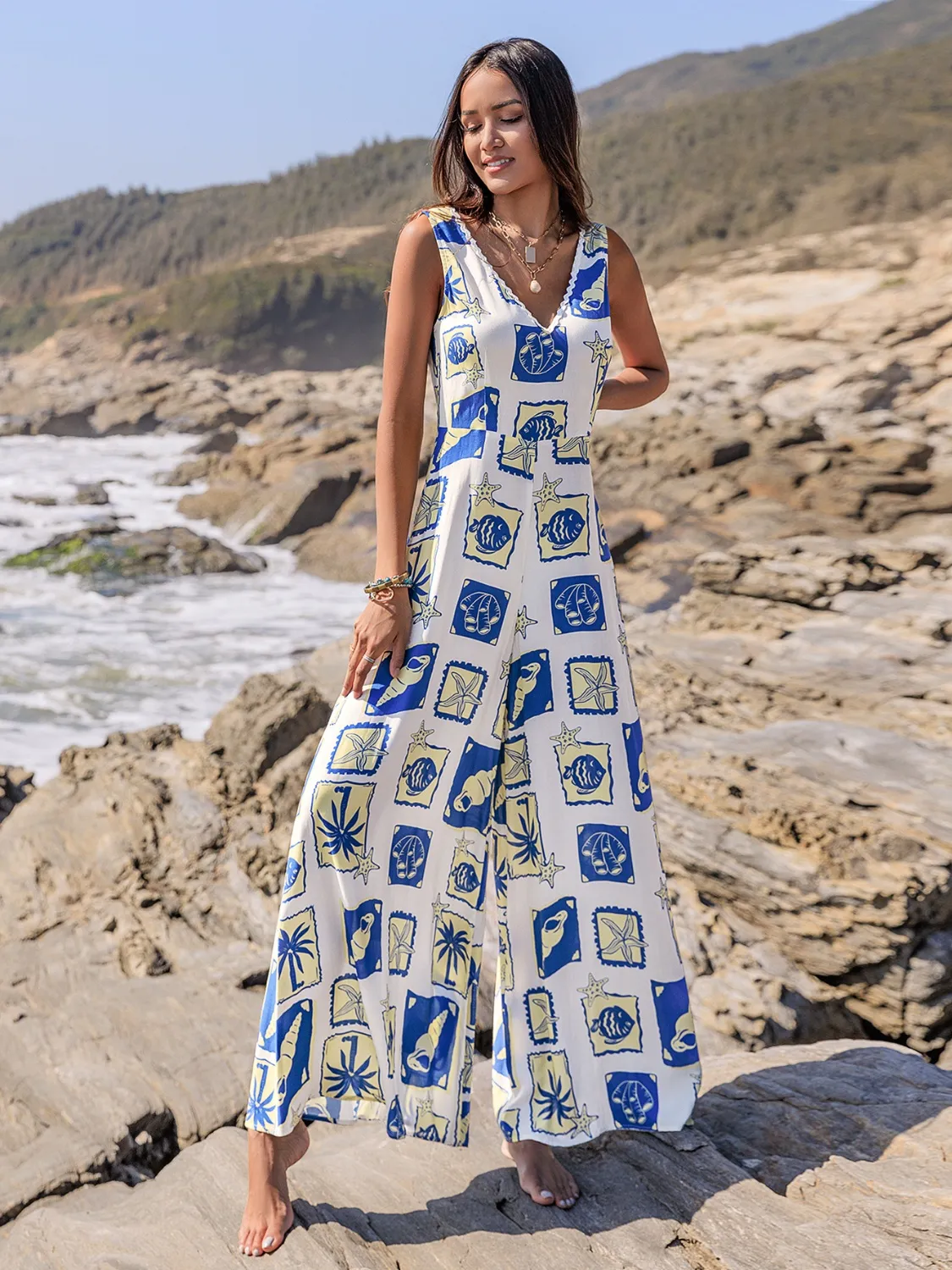 Printed V-Neck Wide Leg Jumpsuit - Image 3