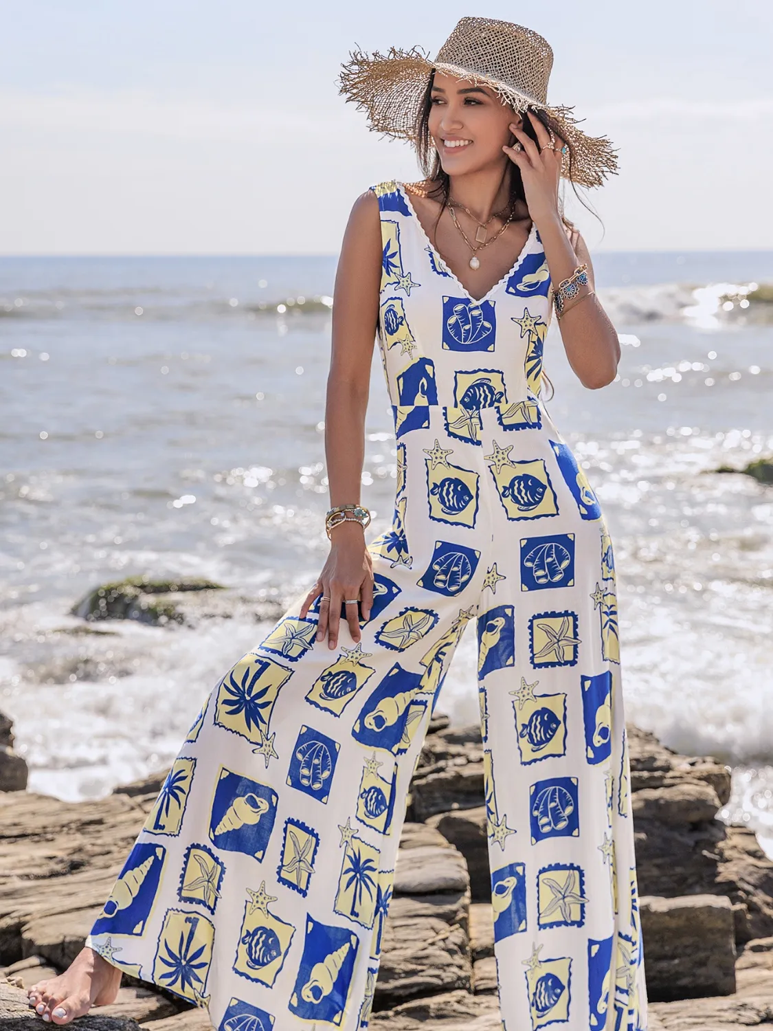 Printed V-Neck Wide Leg Jumpsuit - Image 4