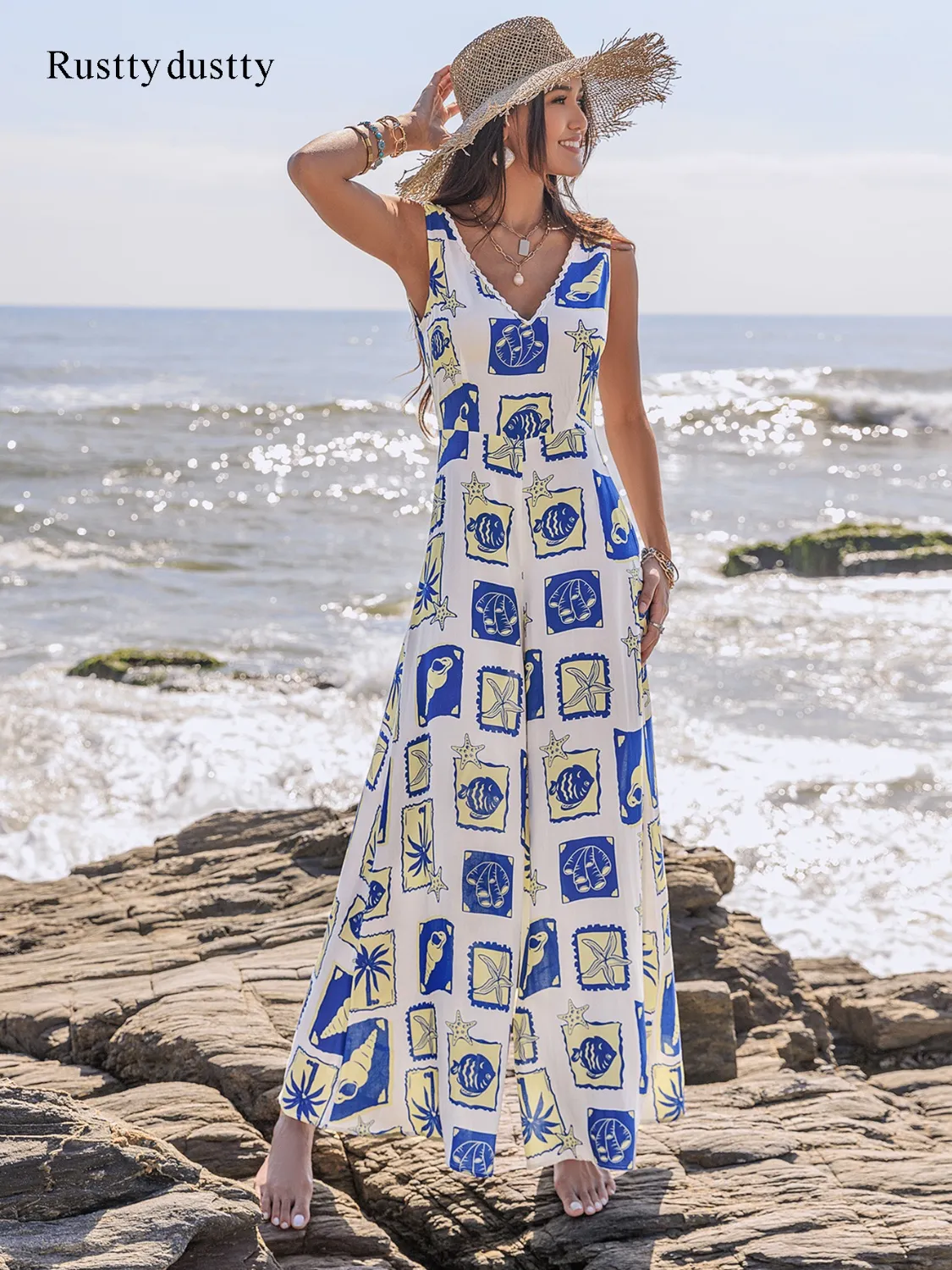 Printed V-Neck Wide Leg Jumpsuit - Image 7