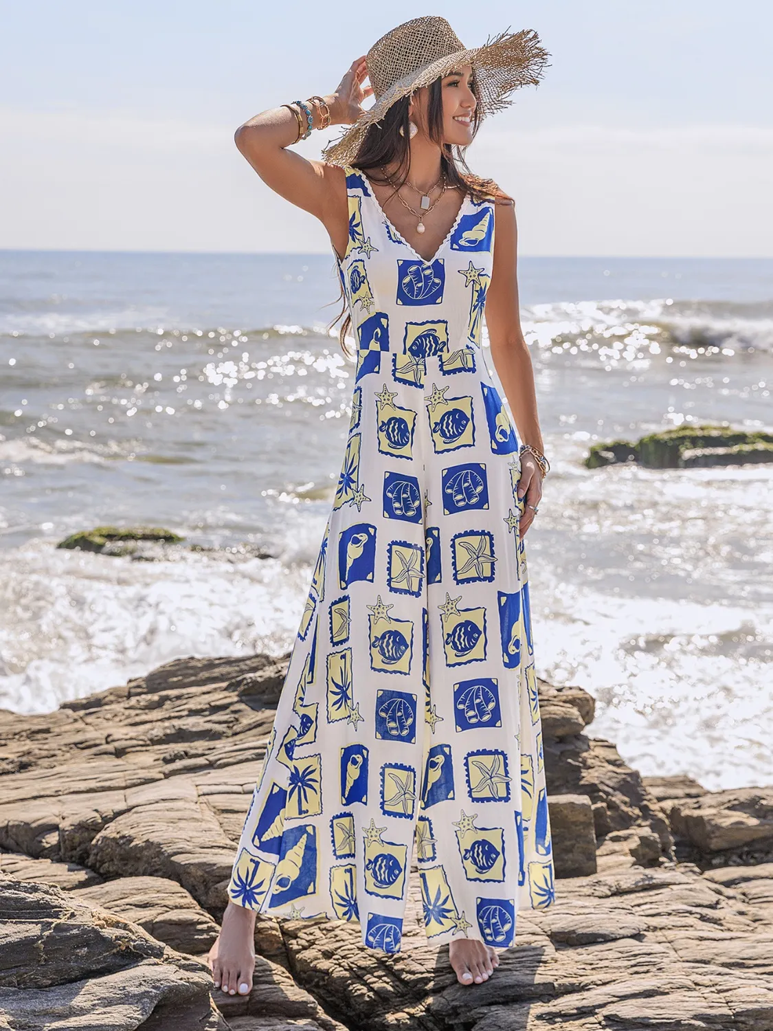 Printed V-Neck Wide Leg Jumpsuit - Image 9