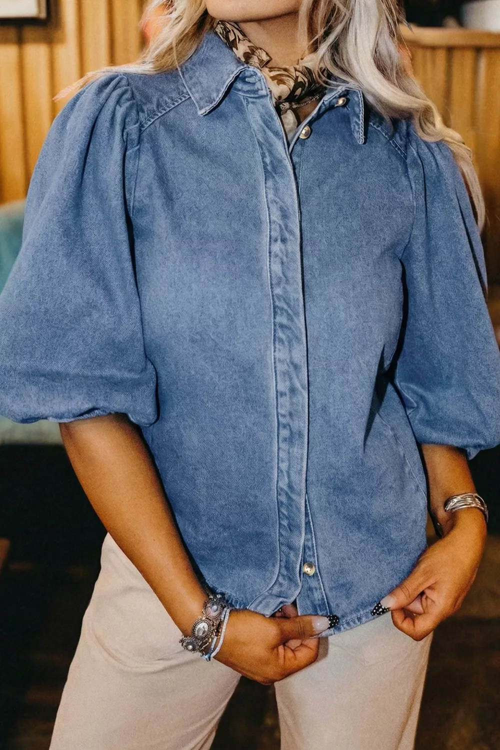 Puff Half Sleeve Collared Denim Shirt