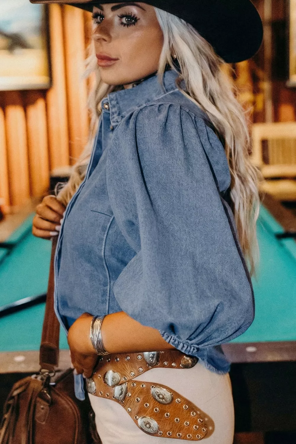 Puff Half Sleeve Collared Denim Shirt - Image 2