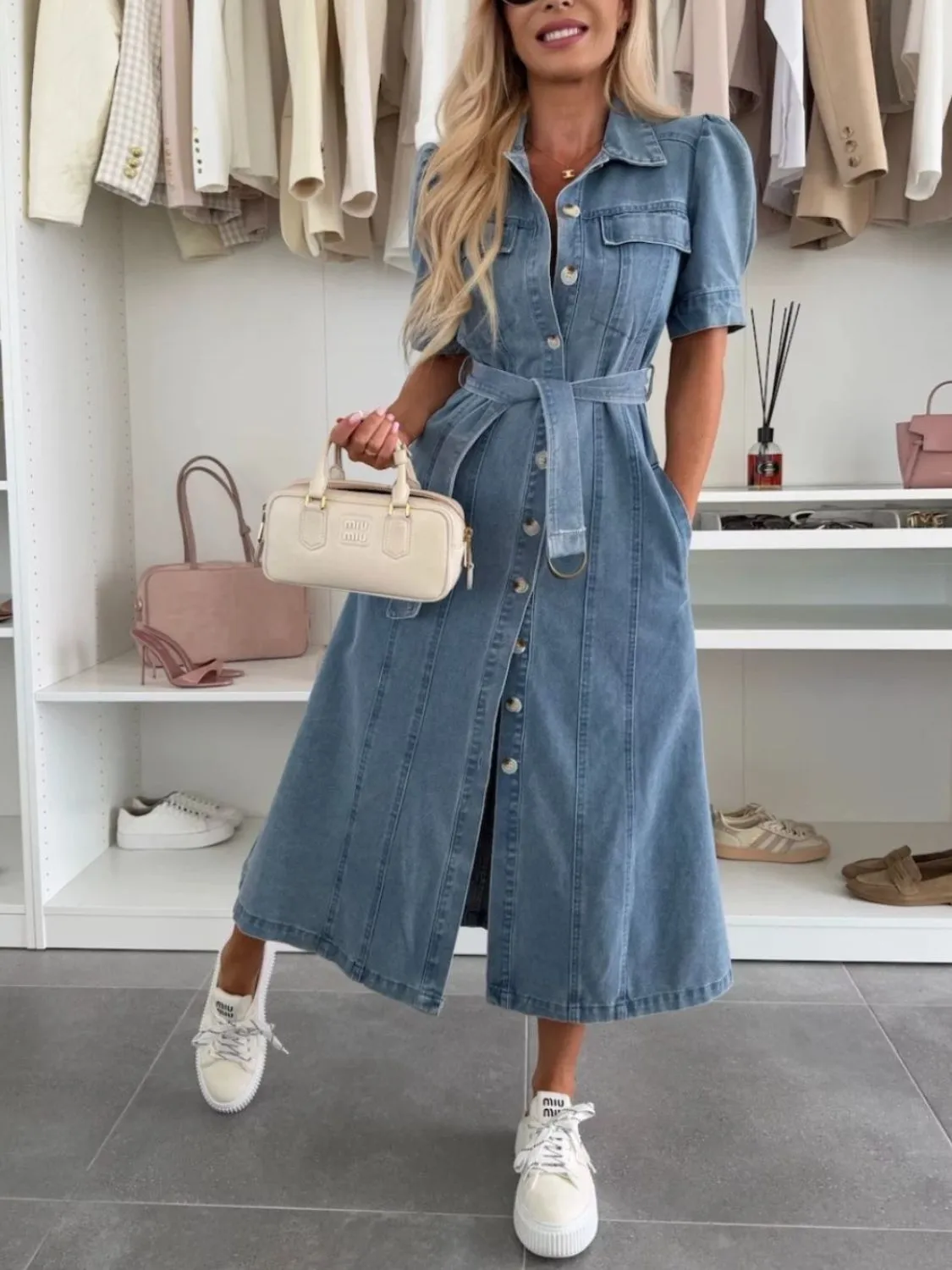 Puff Sleeve Button Down Belted Denim Midi Dress - Image 6