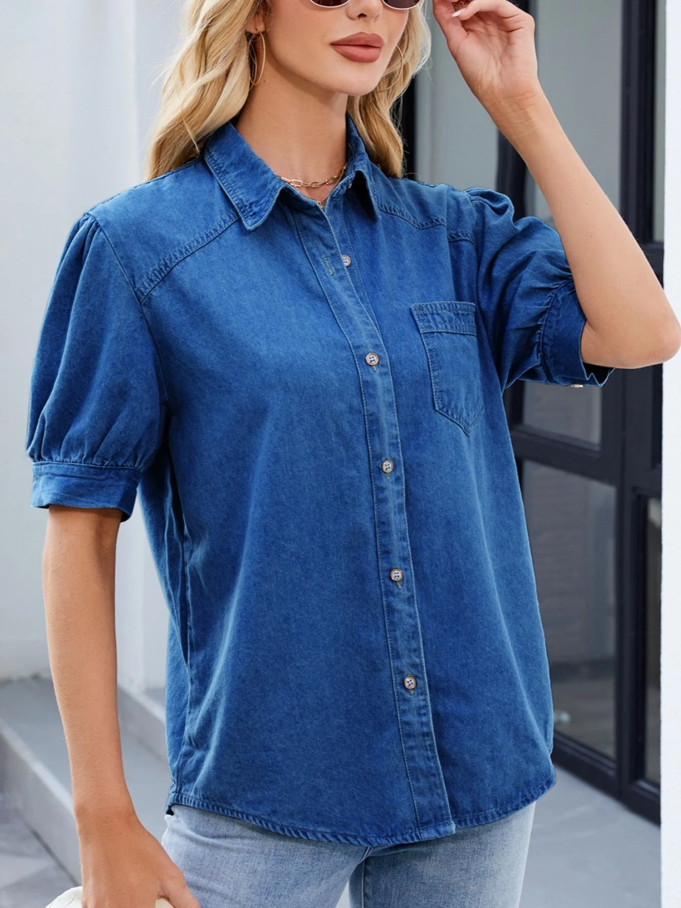 Puff Sleeve Button-Down Denim Shirt - Image 2