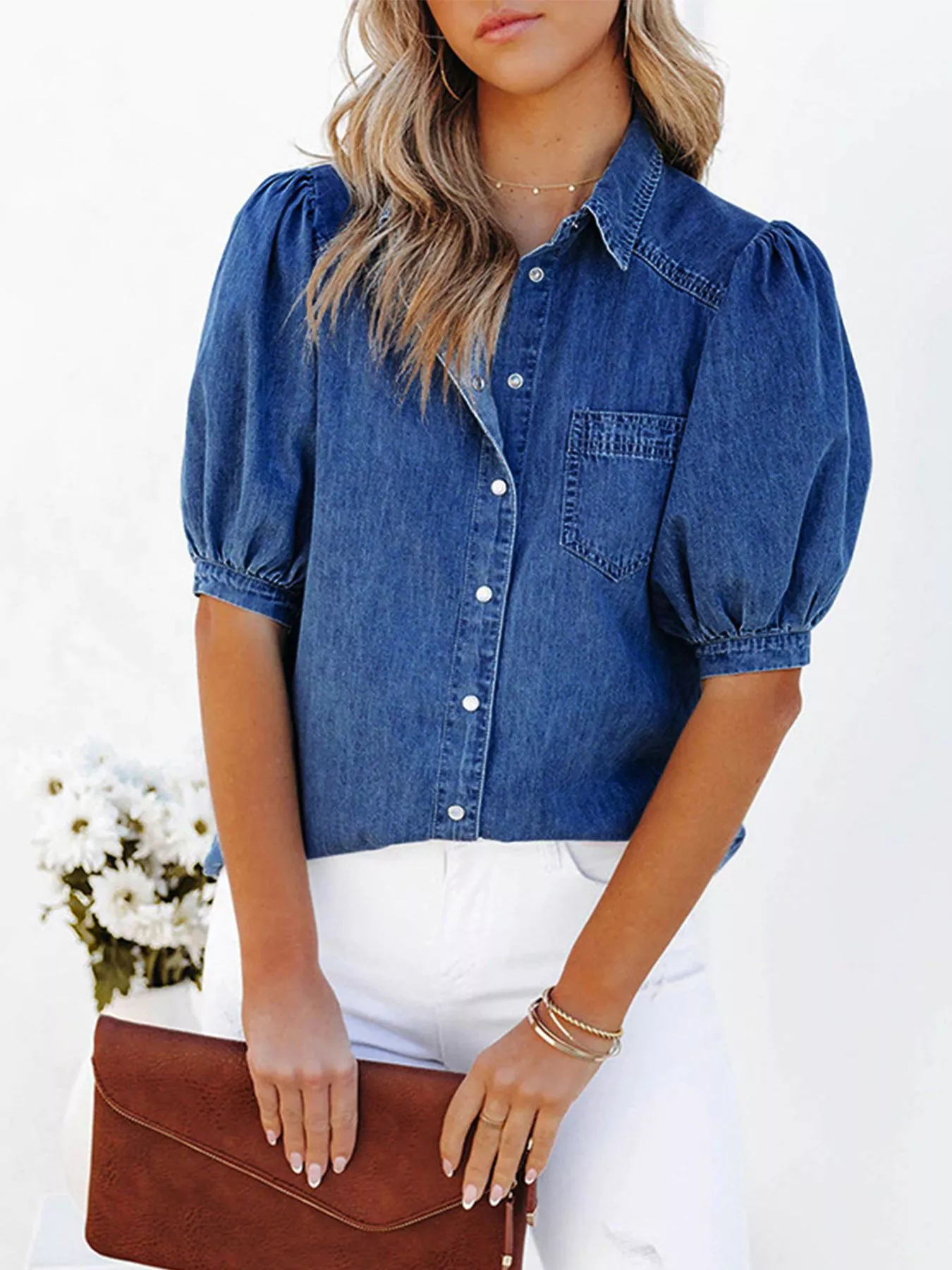 Puff Sleeve Button-Down Denim Top - Image 7
