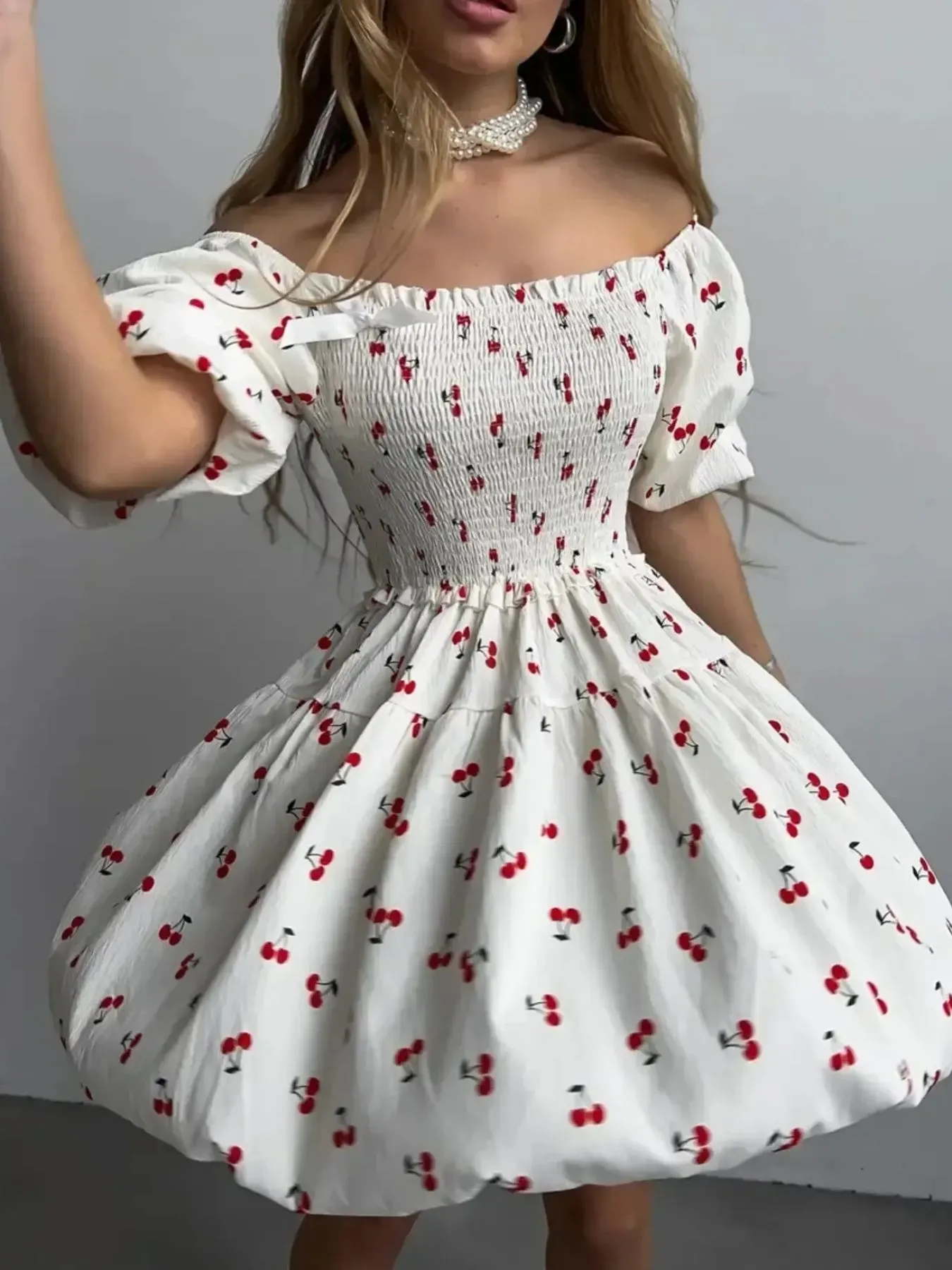 Puff Sleeve Cherry Print Smocked Mini Dress - Image 4