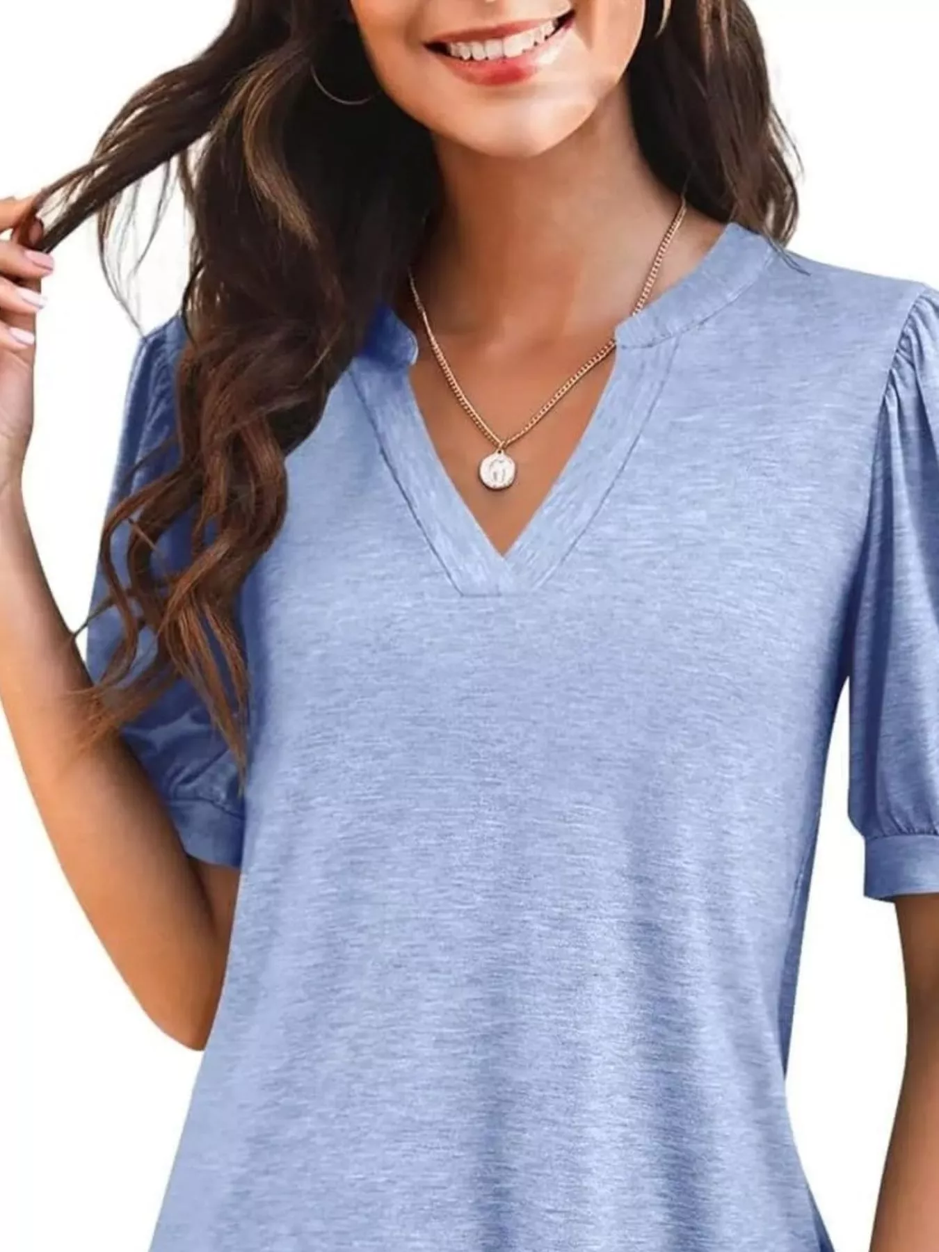 Puff Sleeve Notched Casual T-Shirt - Image 20