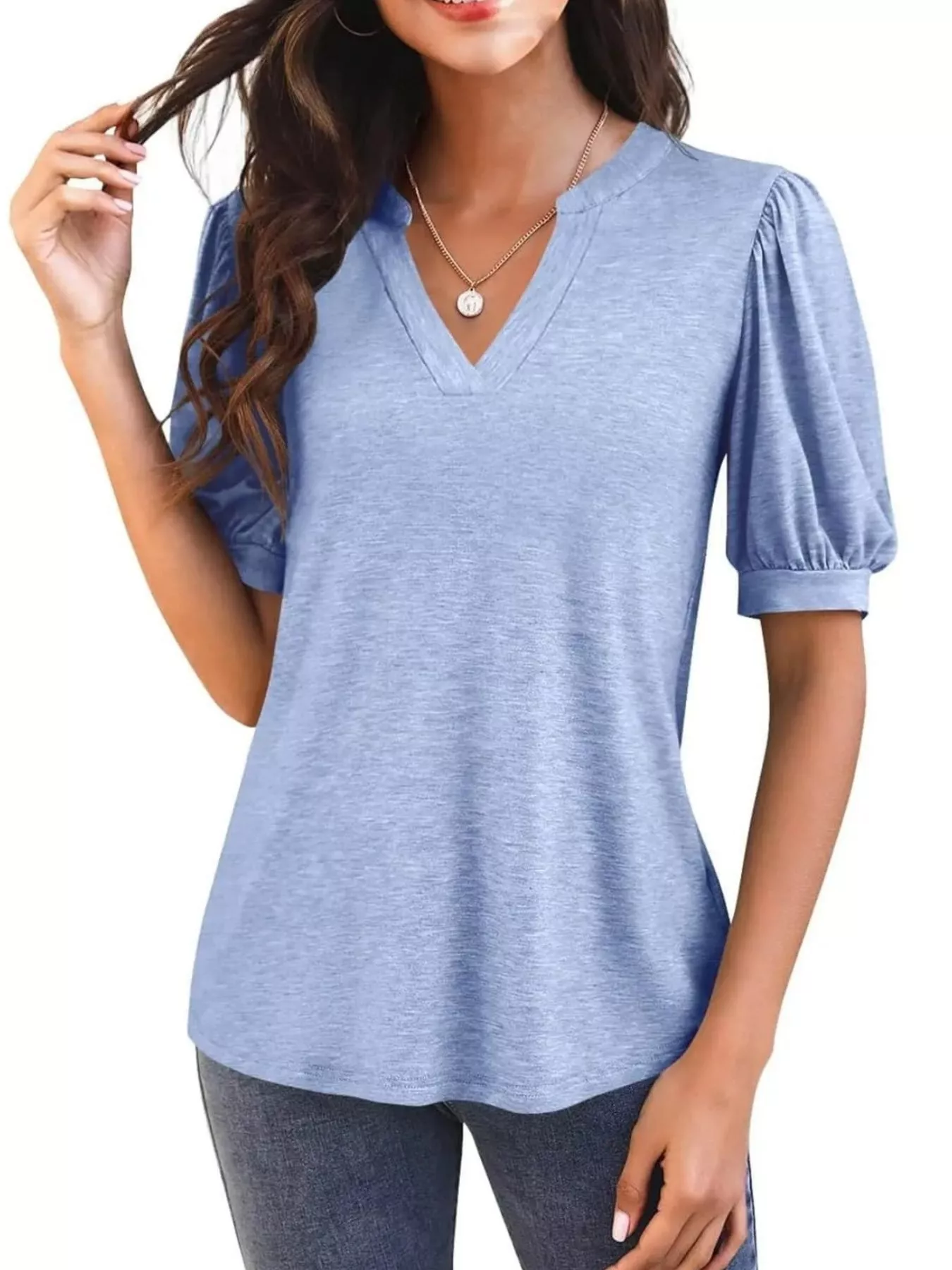 Puff Sleeve Notched Casual T-Shirt - Image 21