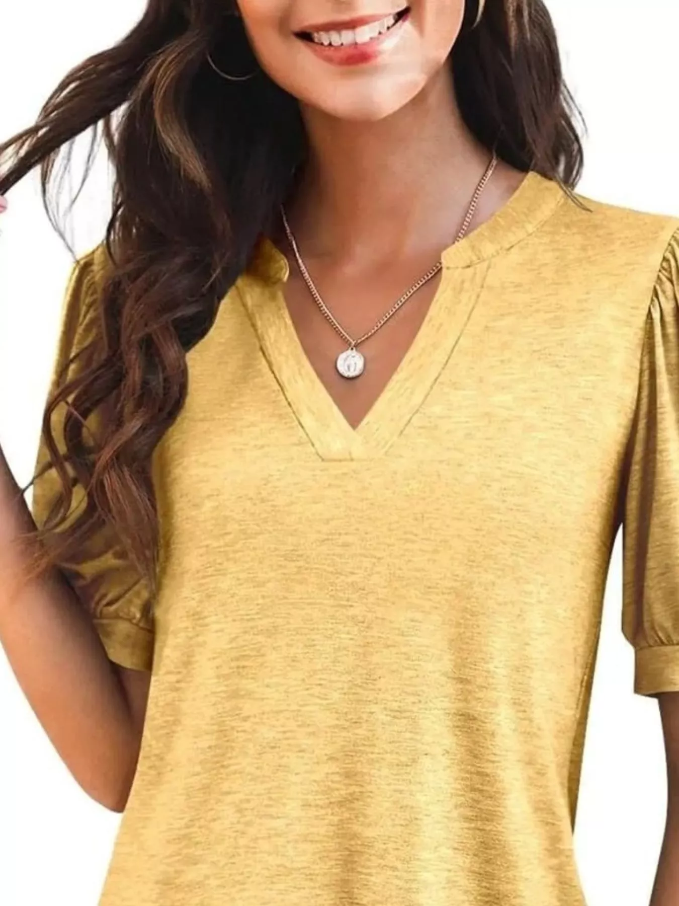 Puff Sleeve Notched Casual T-Shirt - Image 26