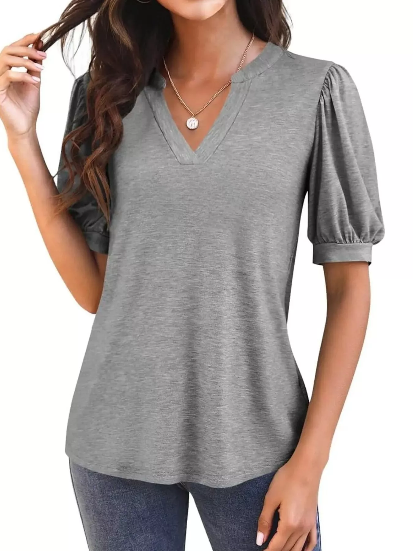Puff Sleeve Notched Casual T-Shirt - Image 28