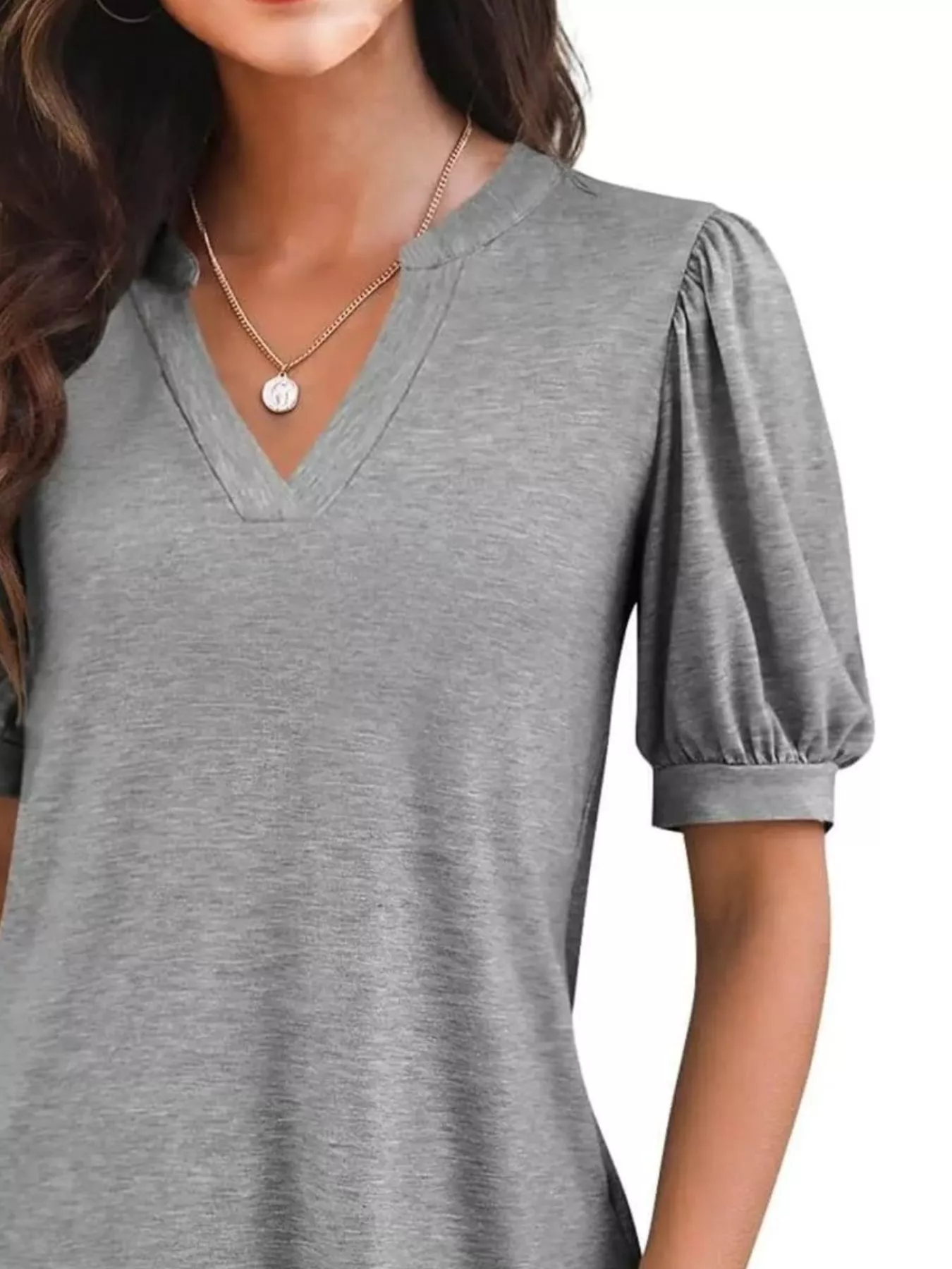 Puff Sleeve Notched Casual T-Shirt - Image 29