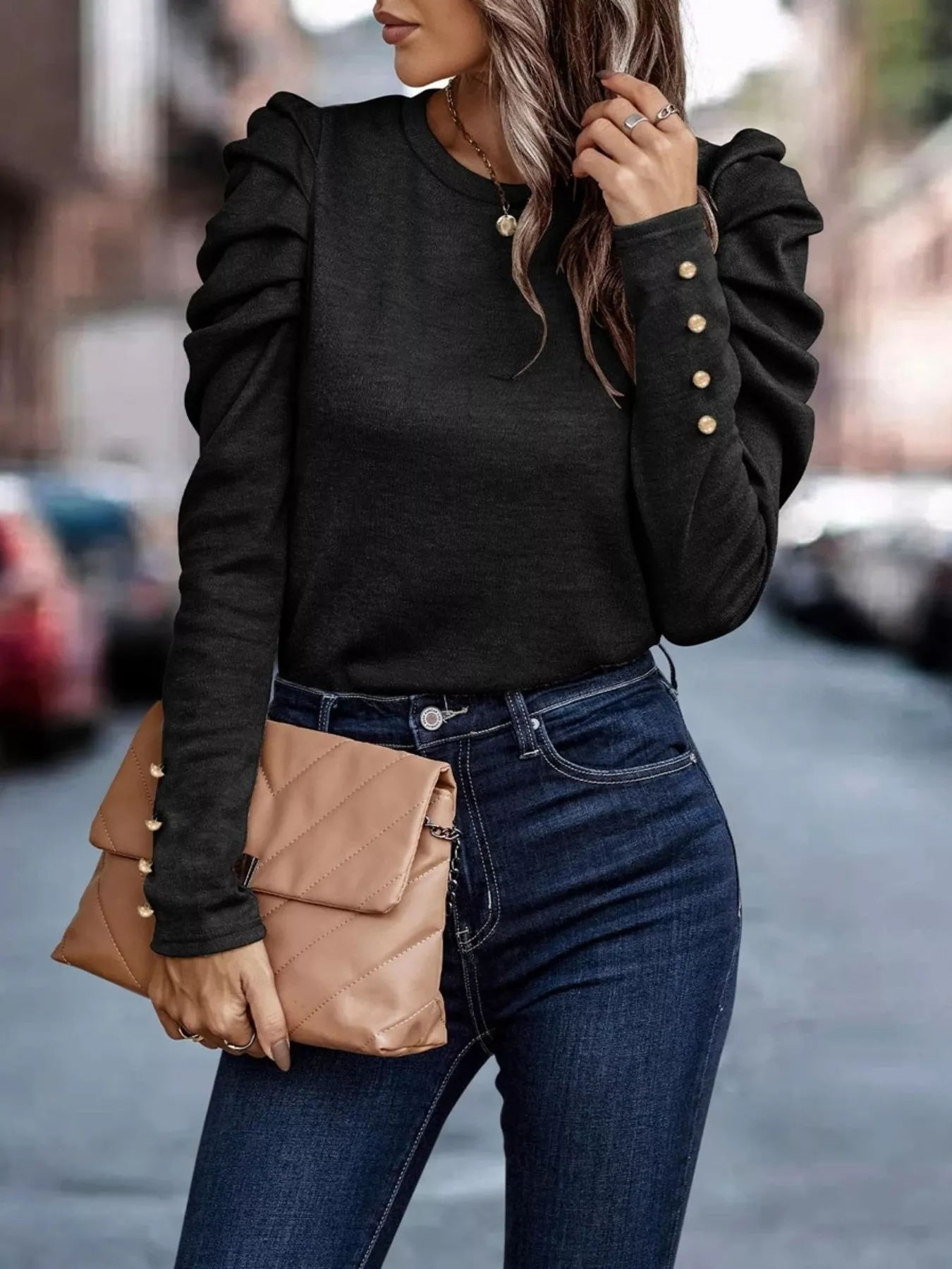 Puff Sleeve Round Neck T-Shirt - Image 9