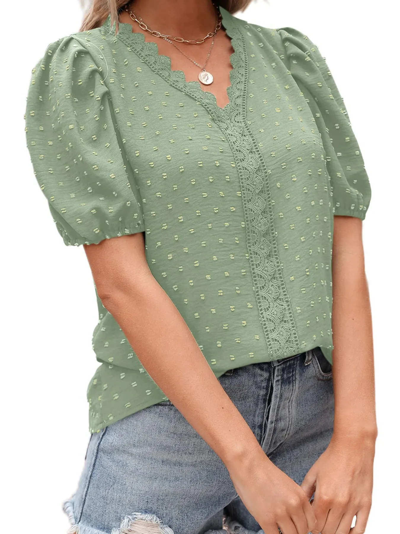 Puff Sleeve Swiss Dot Lace Trim Blouse - Image 10